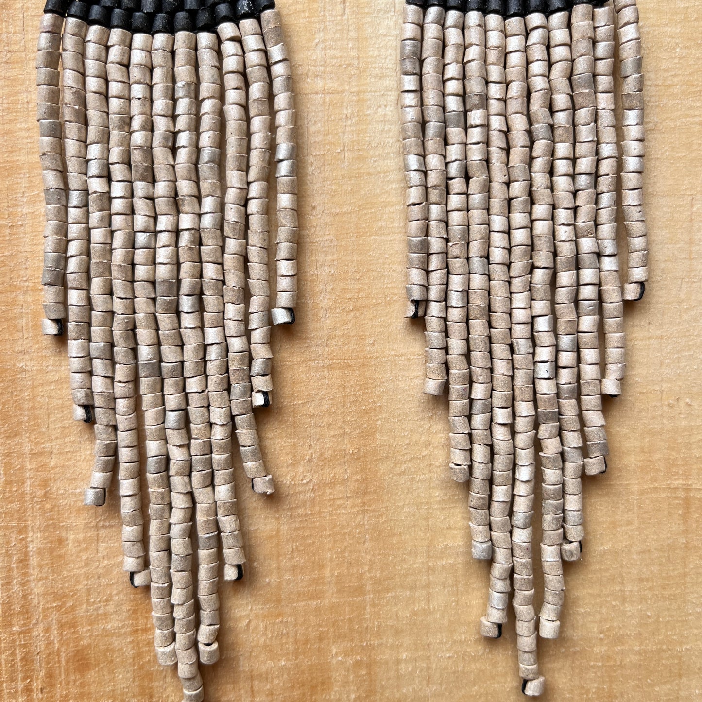 Ceramic-beaded, Dangling Earrings - "Slim Tikal Shimmer Duet"