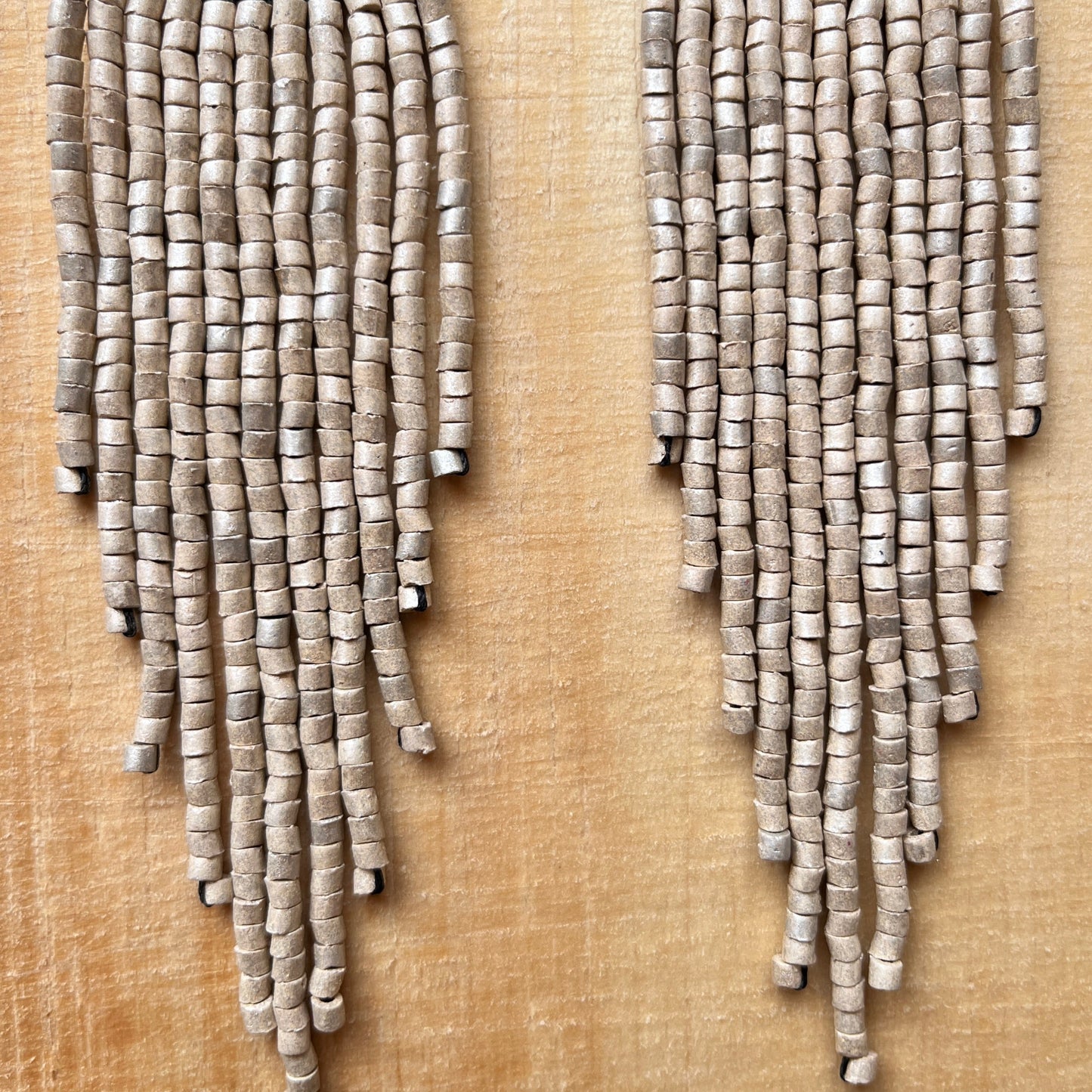 Ceramic-beaded, Dangling Earrings - "Slim Tikal Shimmer Duet"