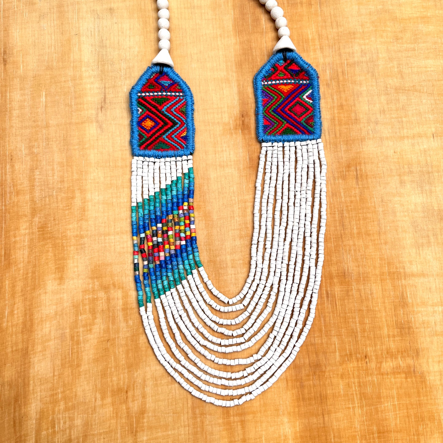 Necklaces with ceremonial textile and beaded chains - "Aguacatán Blancos"