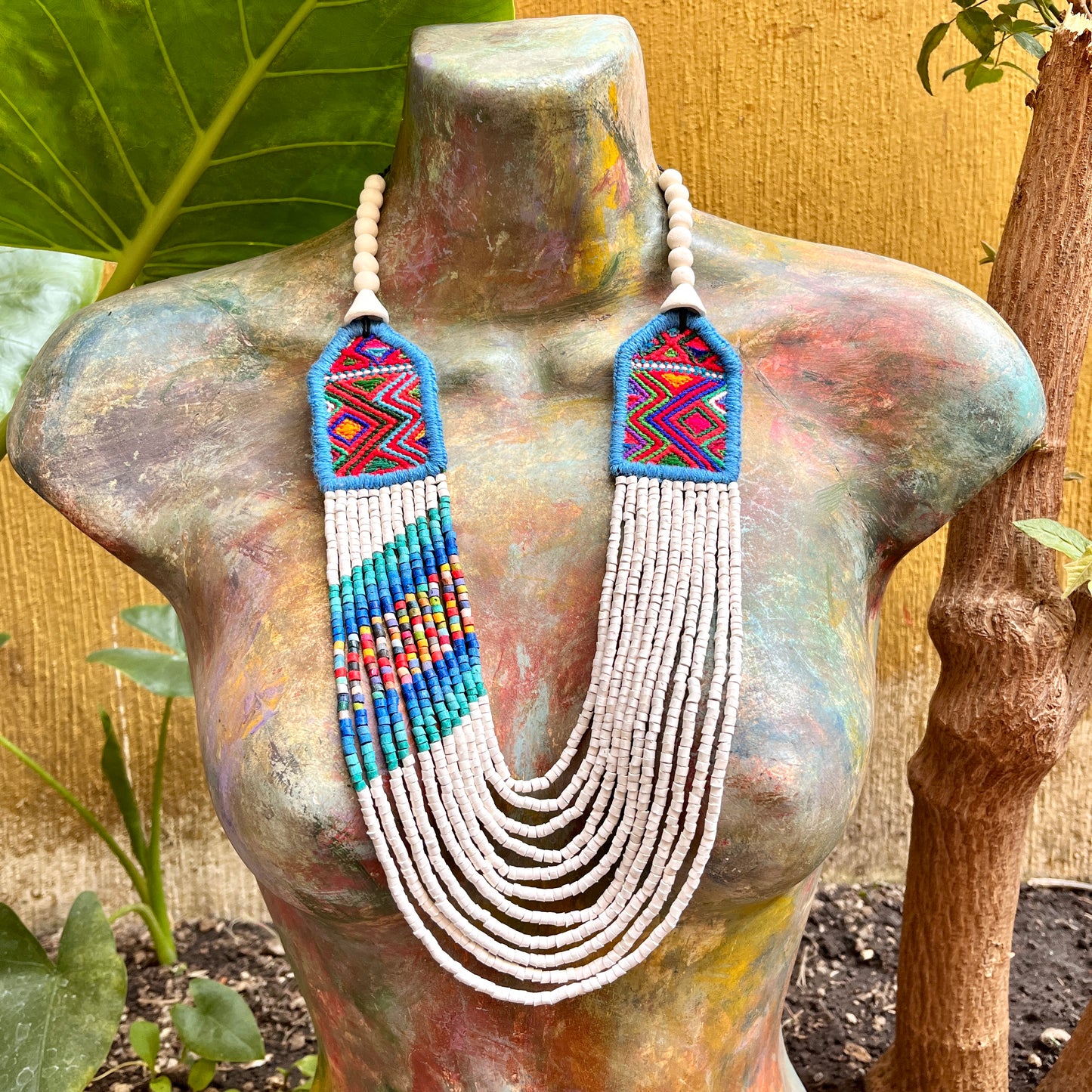 Necklaces with ceremonial textile and beaded chains - "Aguacatán Blancos"