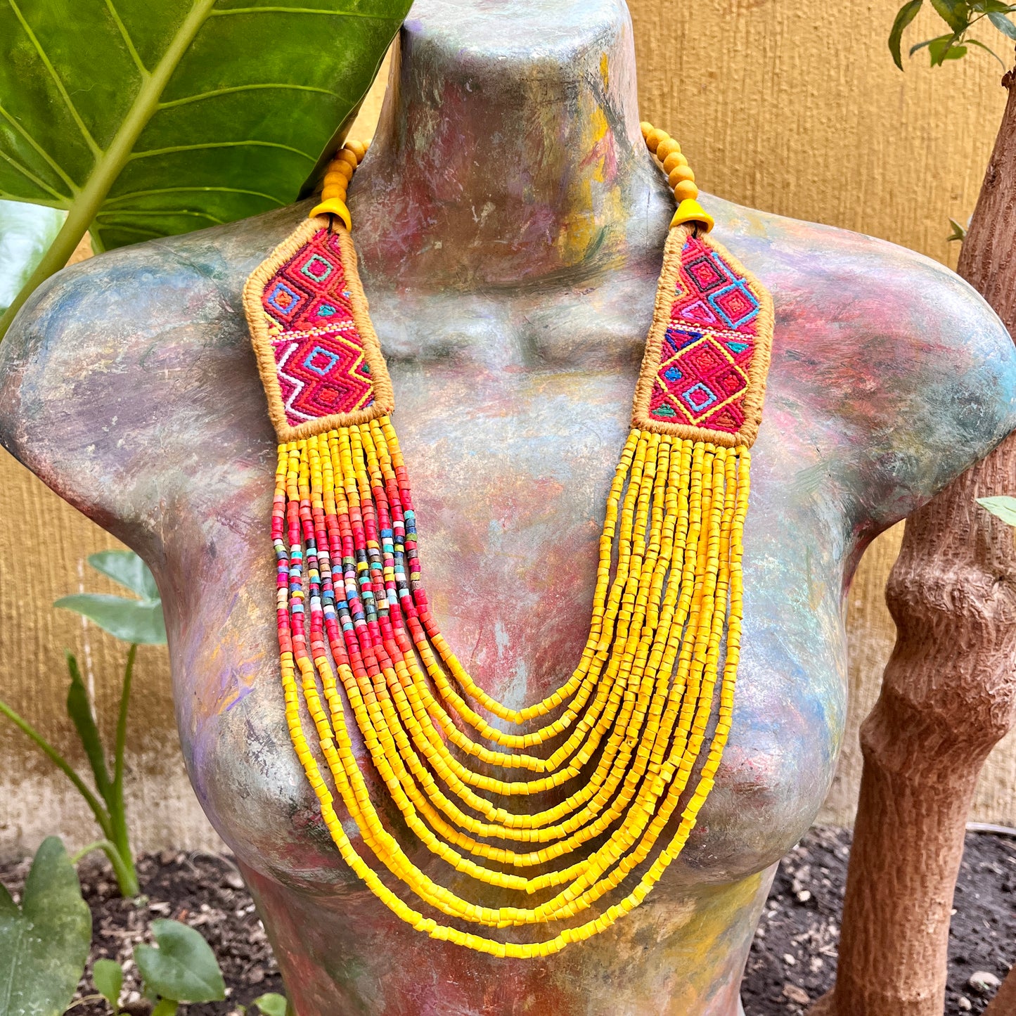 Necklaces with ceremonial textile and beaded chains - "Aguacatán Colores"