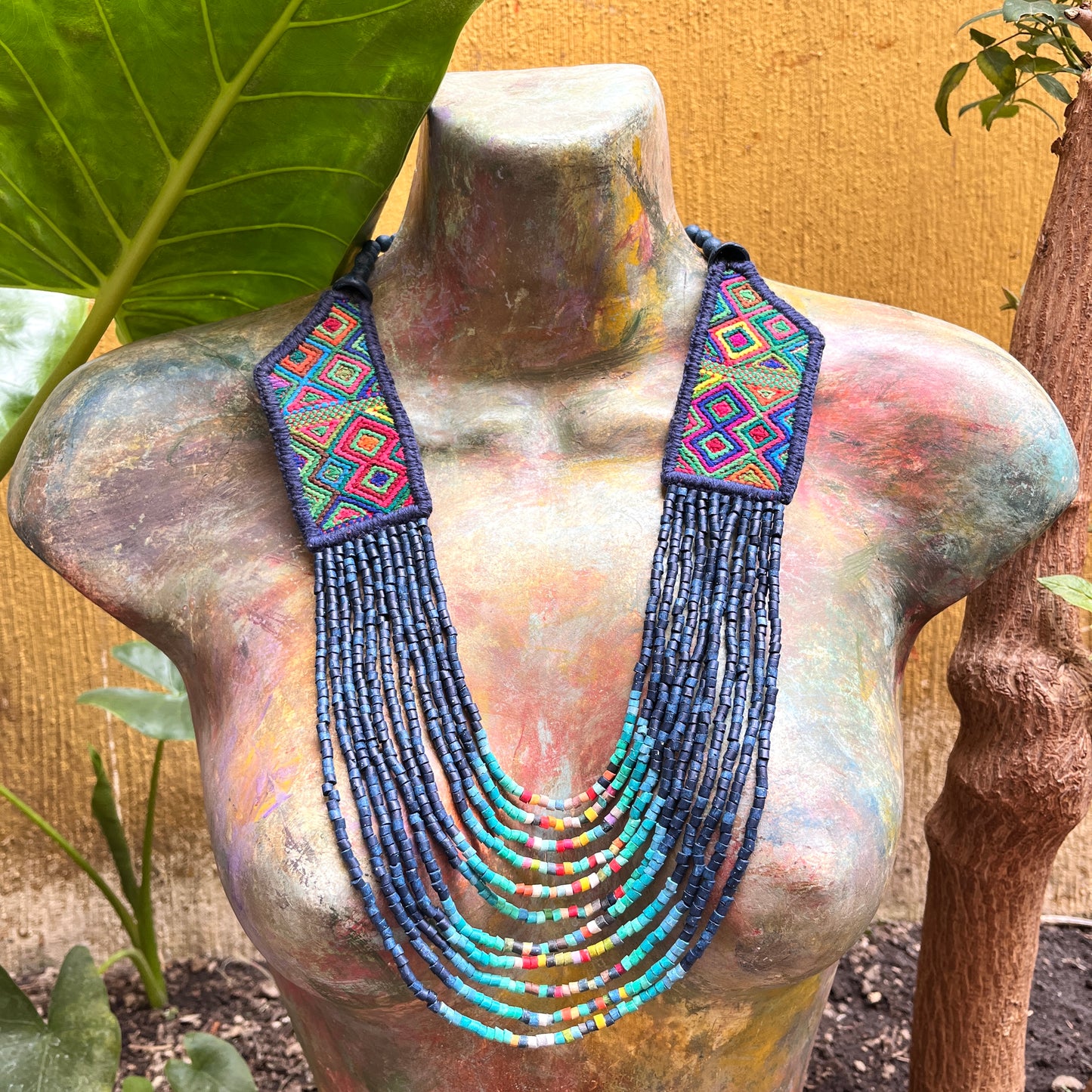 Necklaces with ceremonial textile and beaded chains - "Aguacatán Colores"