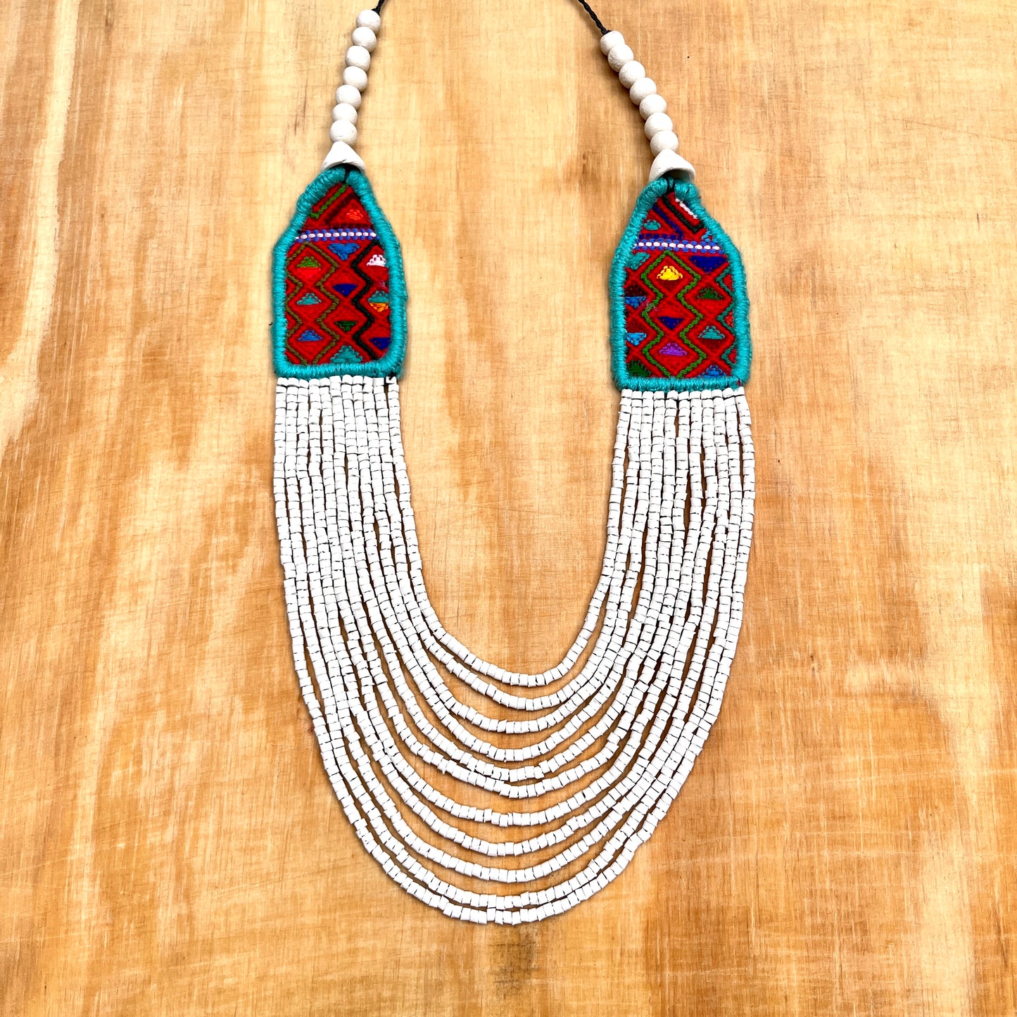 Necklaces with ceremonial textile and beaded chains - "Aguacatán Blancos"