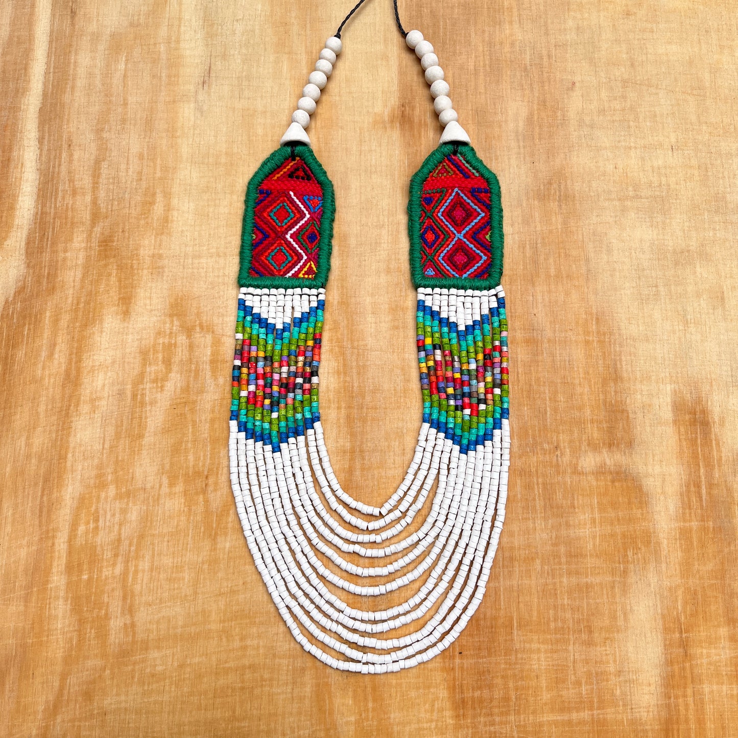 Necklaces with ceremonial textile and beaded chains - "Aguacatán Blancos"