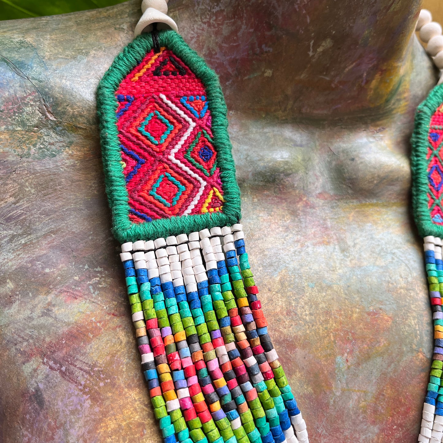 Necklaces with ceremonial textile and beaded chains - "Aguacatán Blancos"