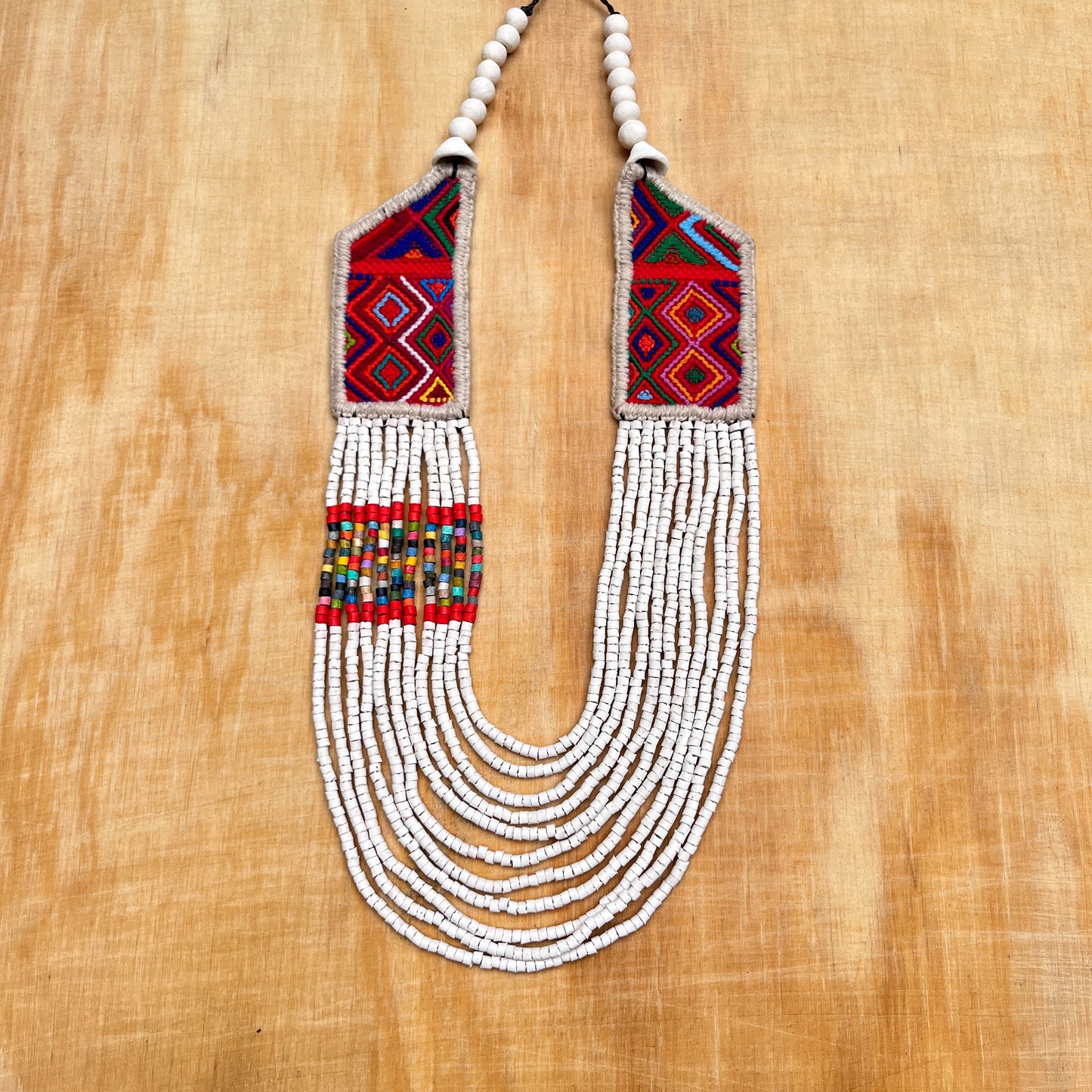 Necklaces with ceremonial textile and beaded chains - "Aguacatán Blancos"