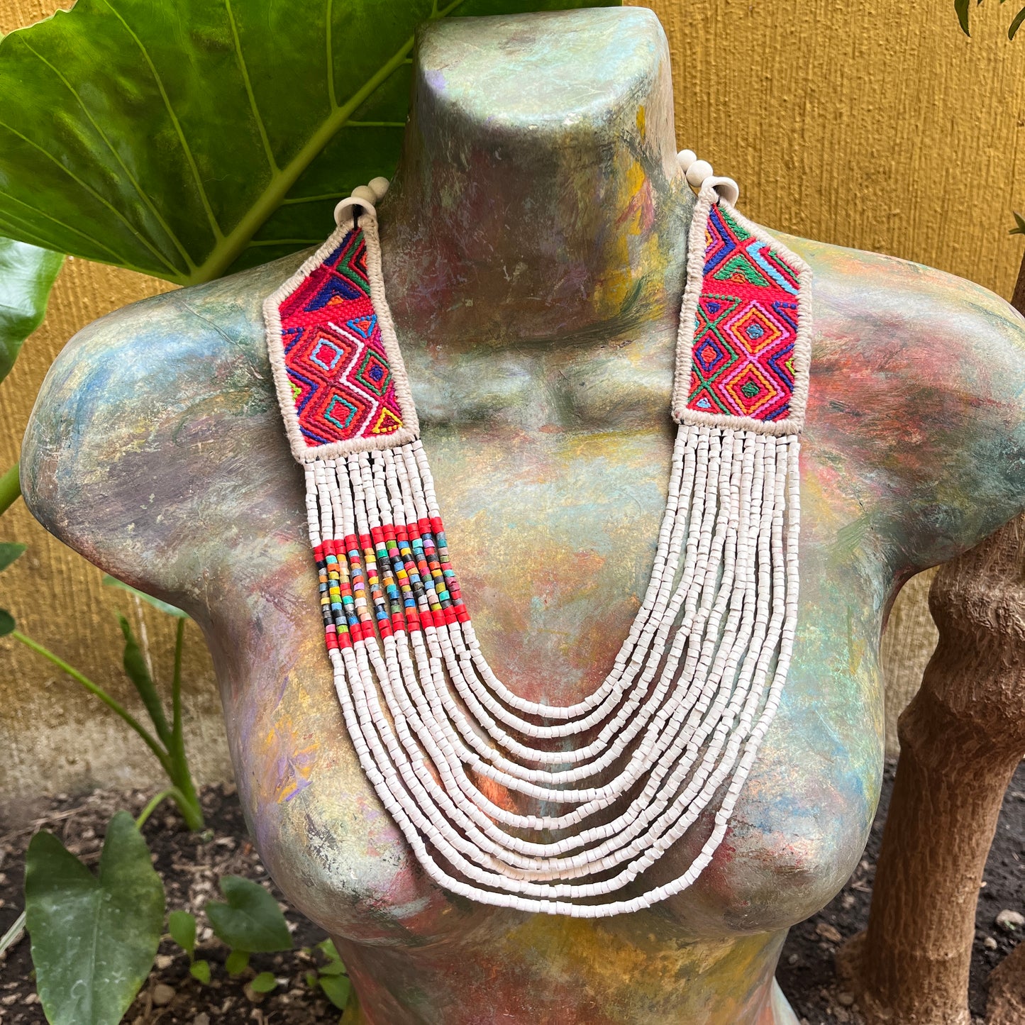 Necklaces with ceremonial textile and beaded chains - "Aguacatán Blancos"