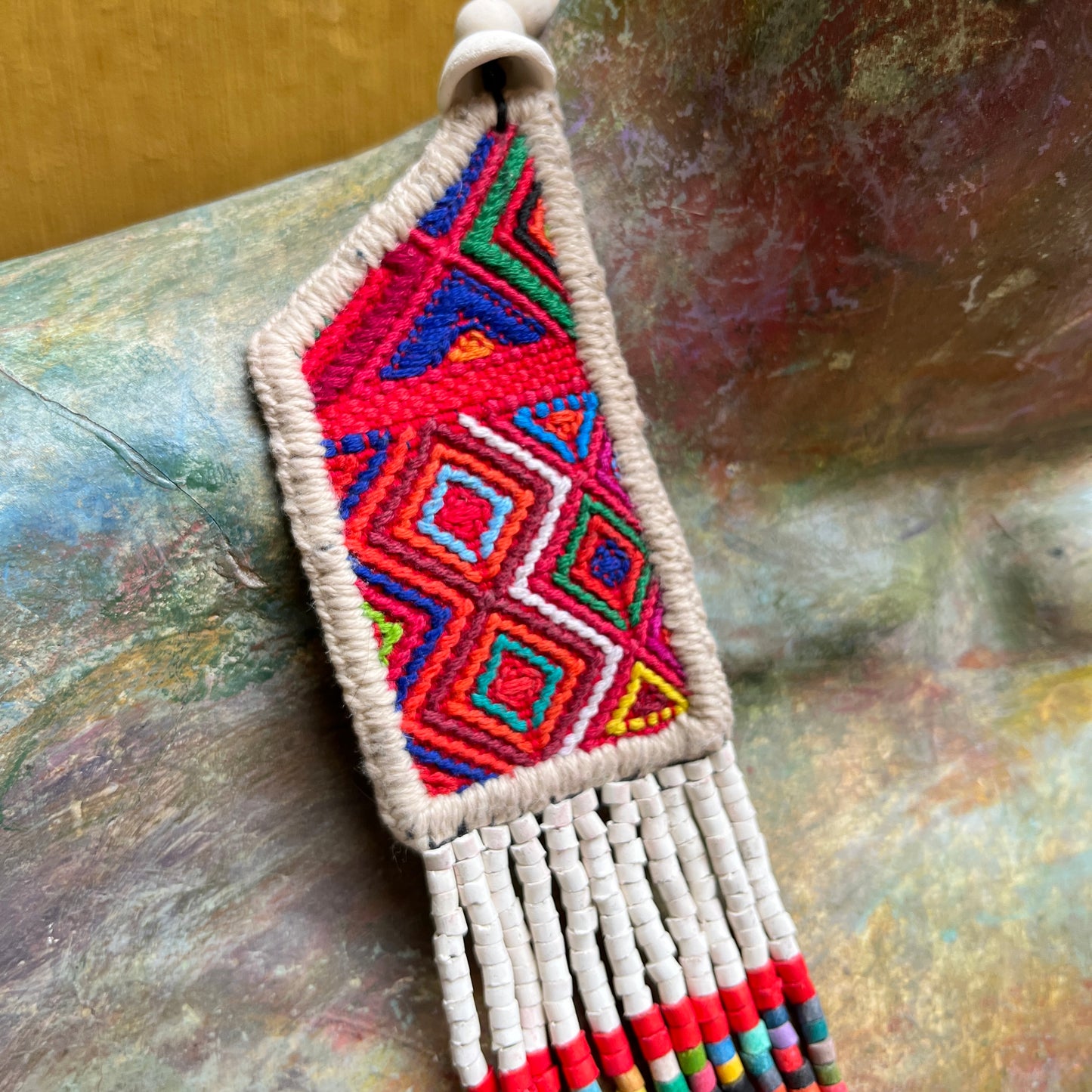 Necklaces with ceremonial textile and beaded chains - "Aguacatán Blancos"