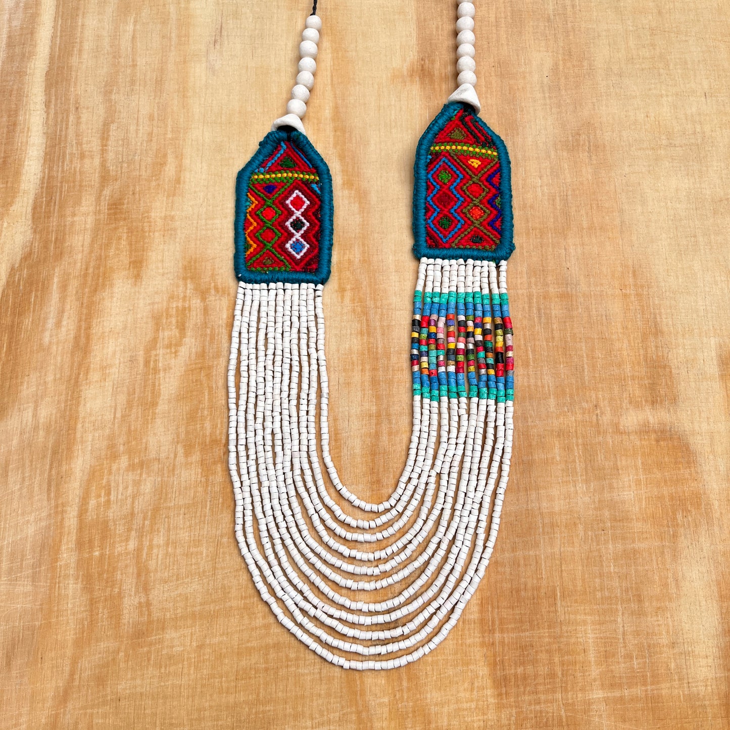 Necklaces with ceremonial textile and beaded chains - "Aguacatán Blancos"