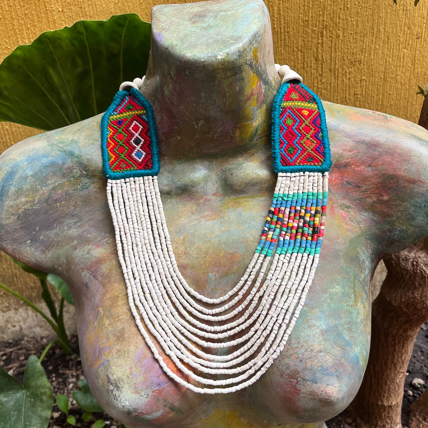 Necklaces with ceremonial textile and beaded chains - "Aguacatán Blancos"