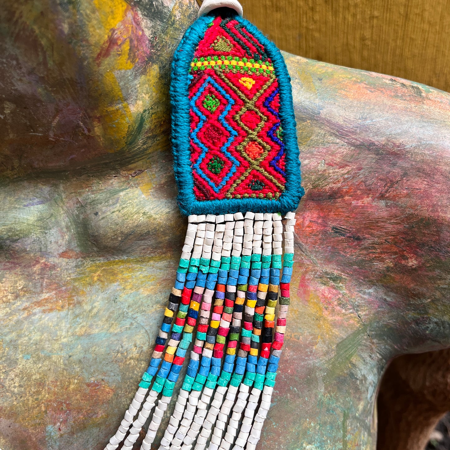 Necklaces with ceremonial textile and beaded chains - "Aguacatán Blancos"