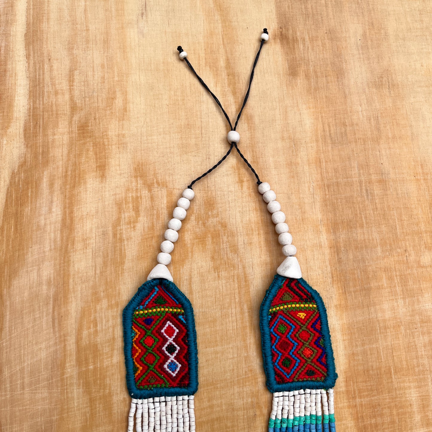 Necklaces with ceremonial textile and beaded chains - "Aguacatán Blancos"