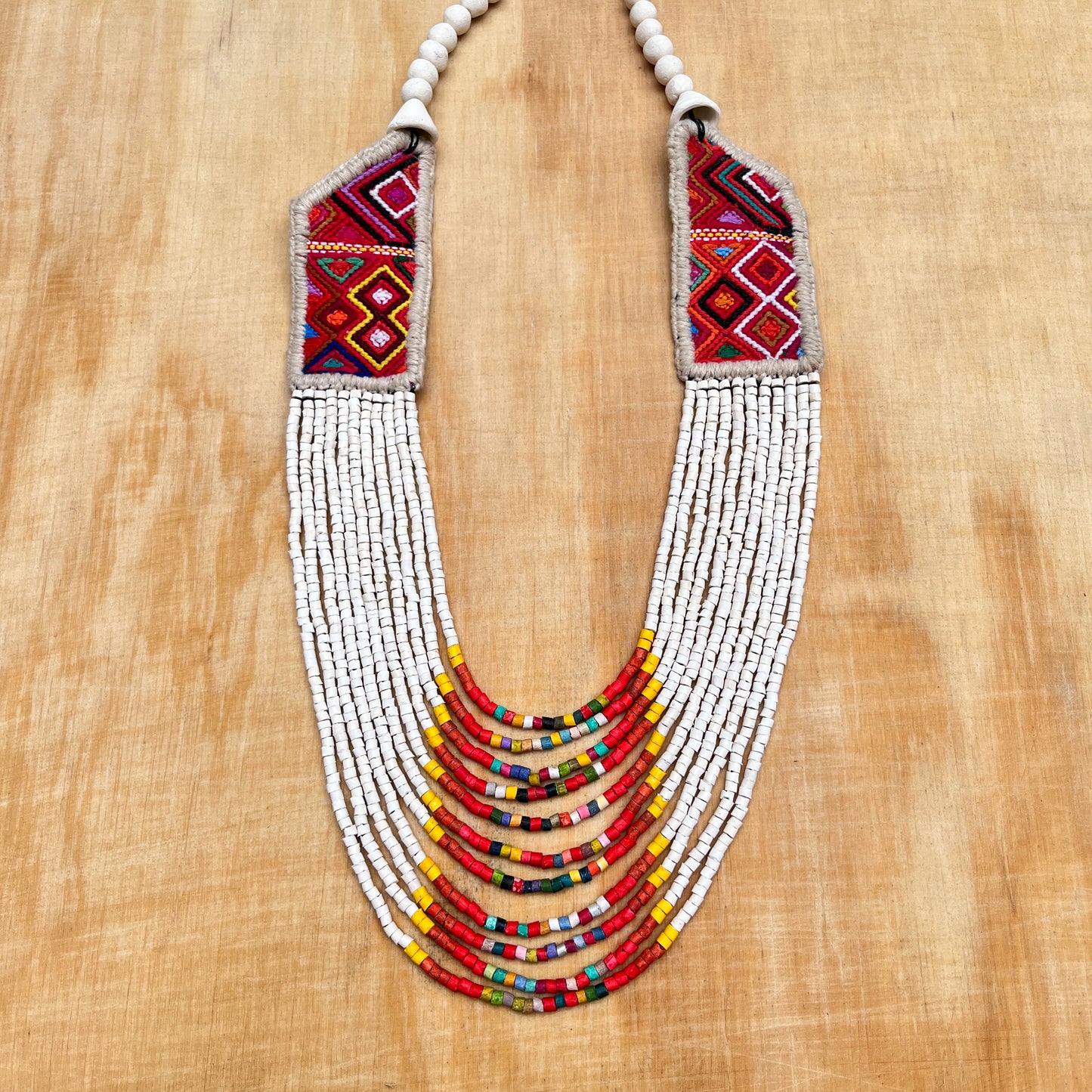 Necklaces with ceremonial textile and beaded chains - "Aguacatán Blancos"