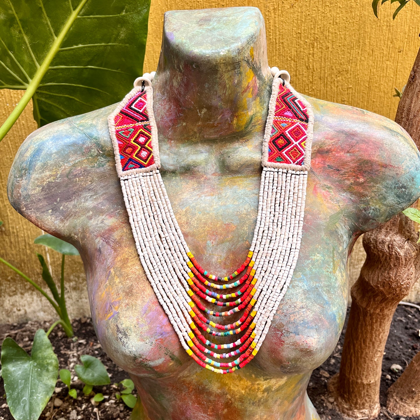 Necklaces with ceremonial textile and beaded chains - "Aguacatán Blancos"