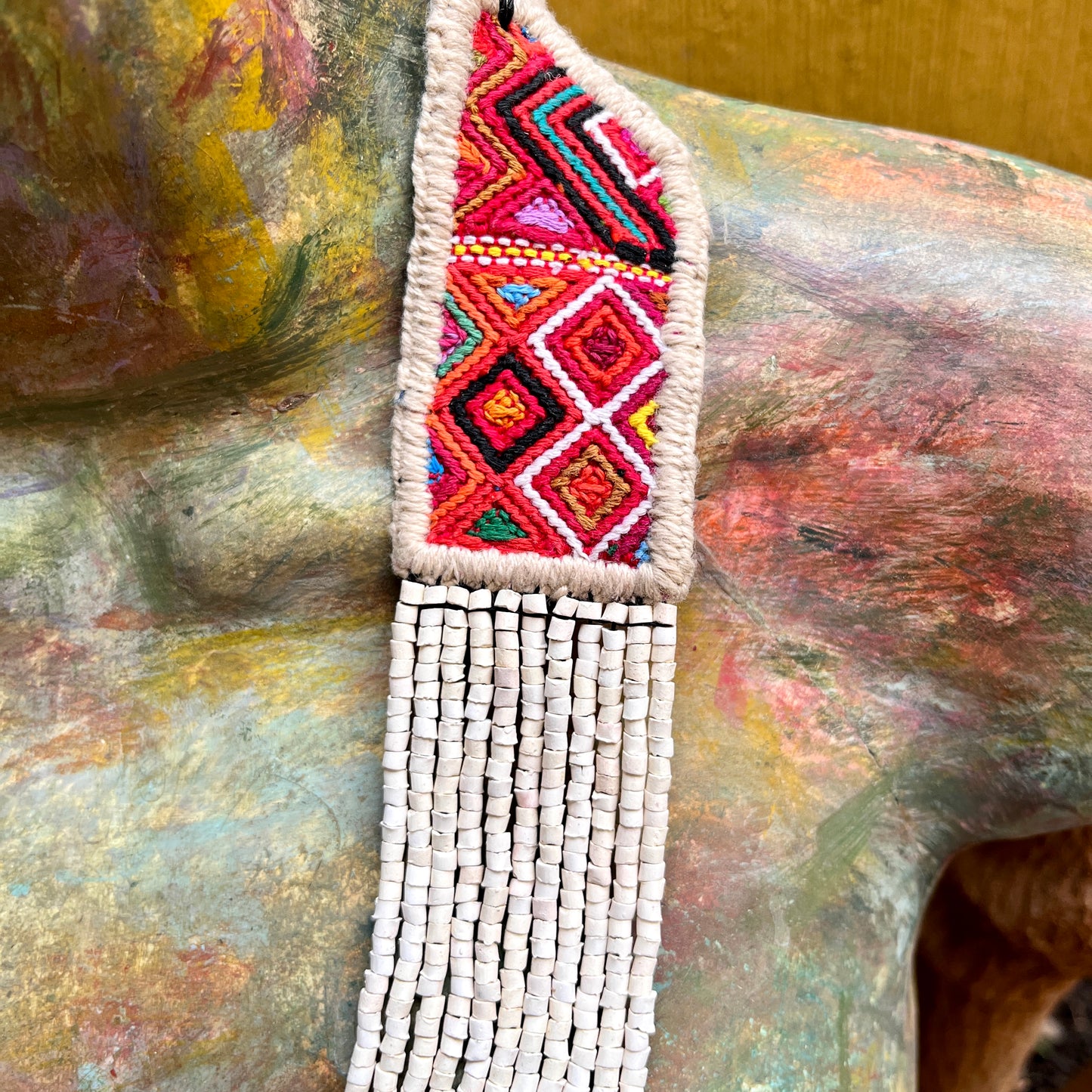 Necklaces with ceremonial textile and beaded chains - "Aguacatán Blancos"