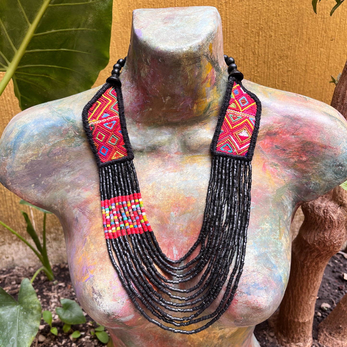 Necklaces with ceremonial textile and beaded chains - "Aguacatán Colores"