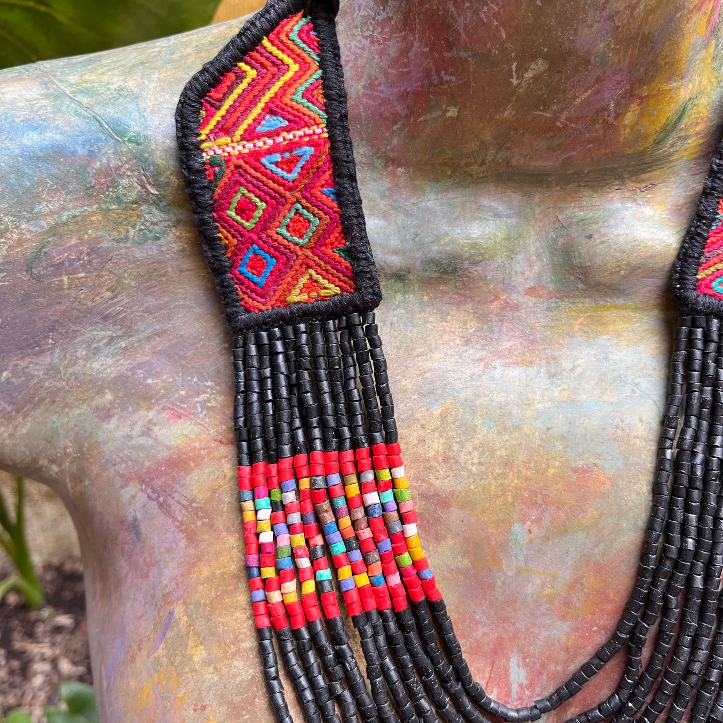 Necklaces with ceremonial textile and beaded chains - "Aguacatán Colores"