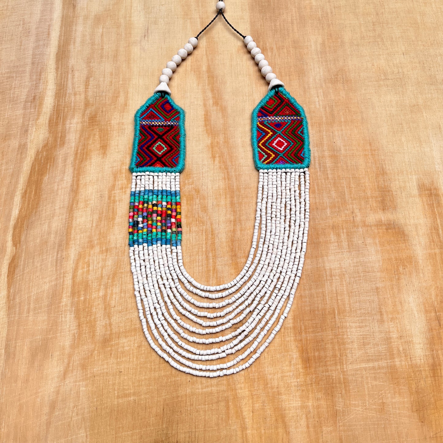 Necklaces with ceremonial textile and beaded chains - "Aguacatán Blancos"