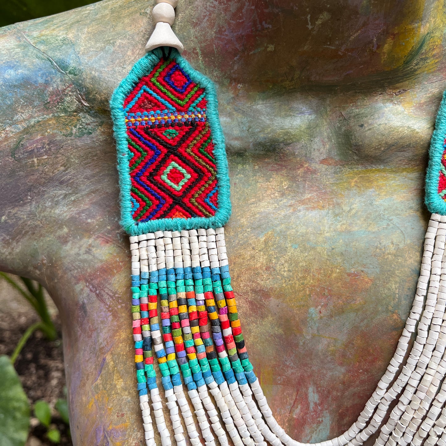 Necklaces with ceremonial textile and beaded chains - "Aguacatán Blancos"