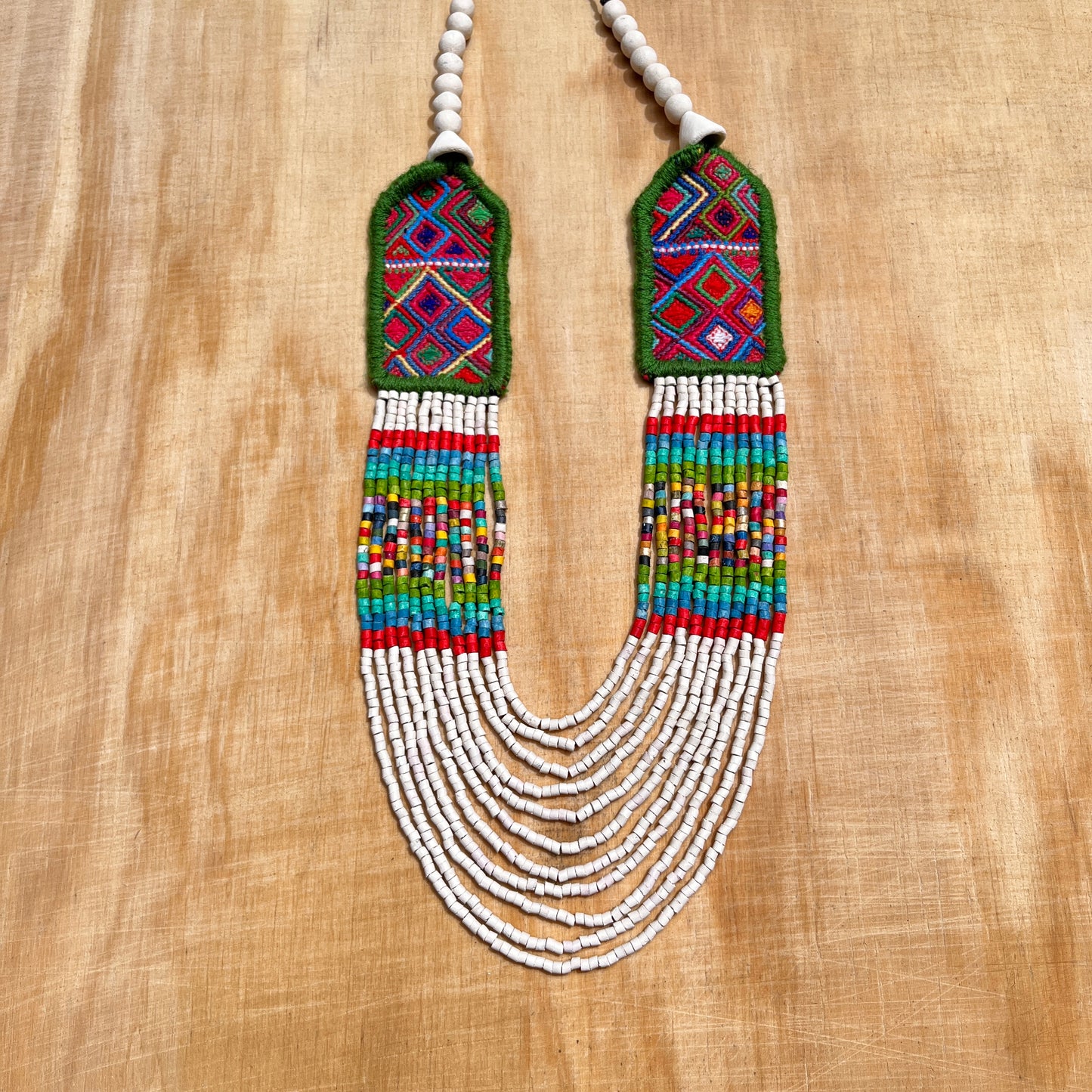 Necklaces with ceremonial textile and beaded chains - "Aguacatán Blancos"