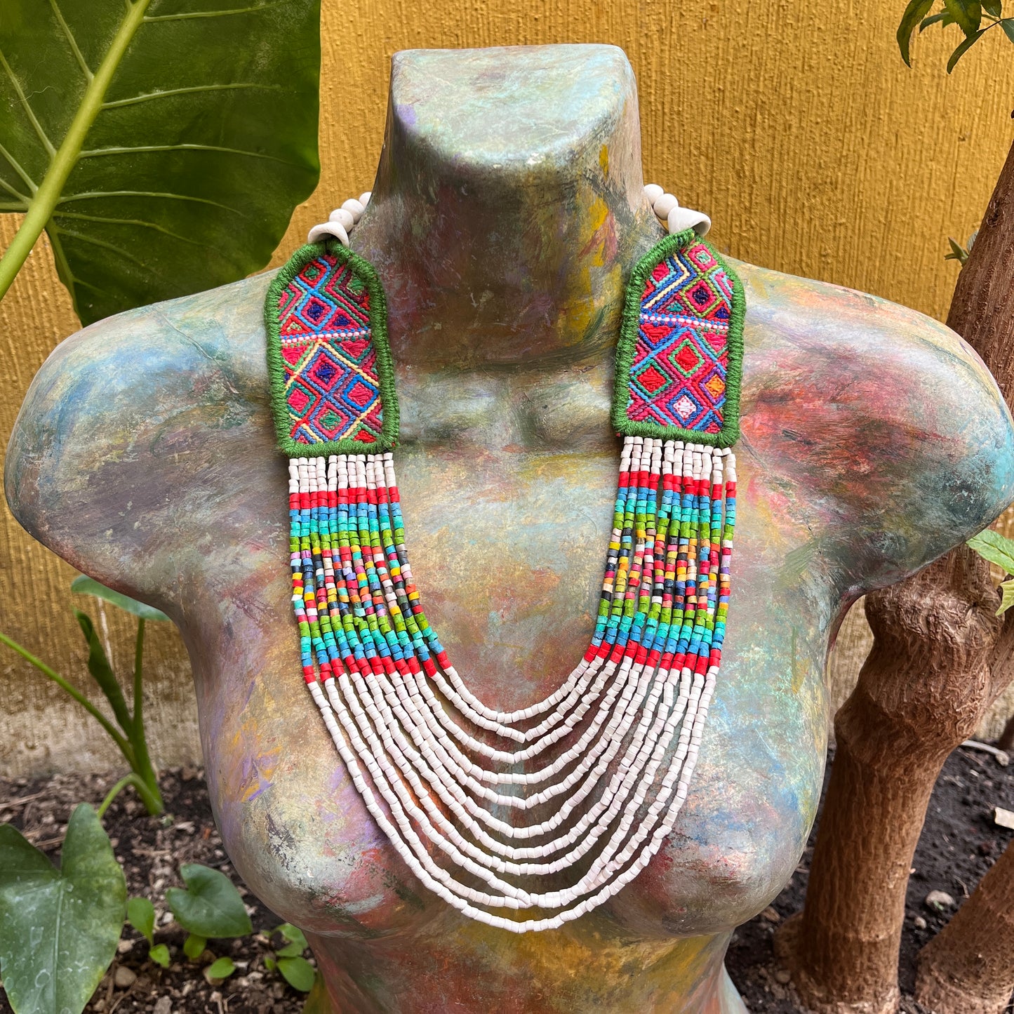 Necklaces with ceremonial textile and beaded chains - "Aguacatán Blancos"