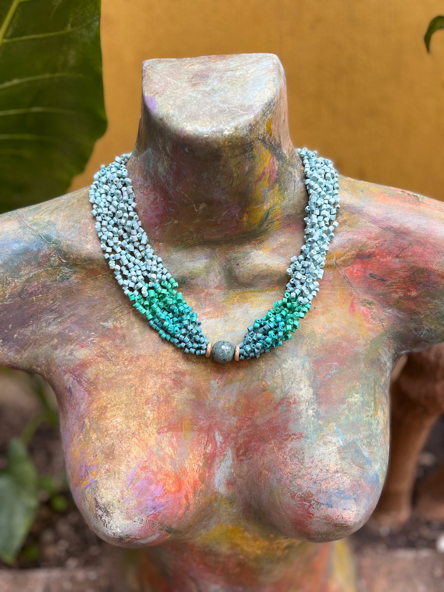 Beaded torsade necklace with jade - "Poporopo Jade"