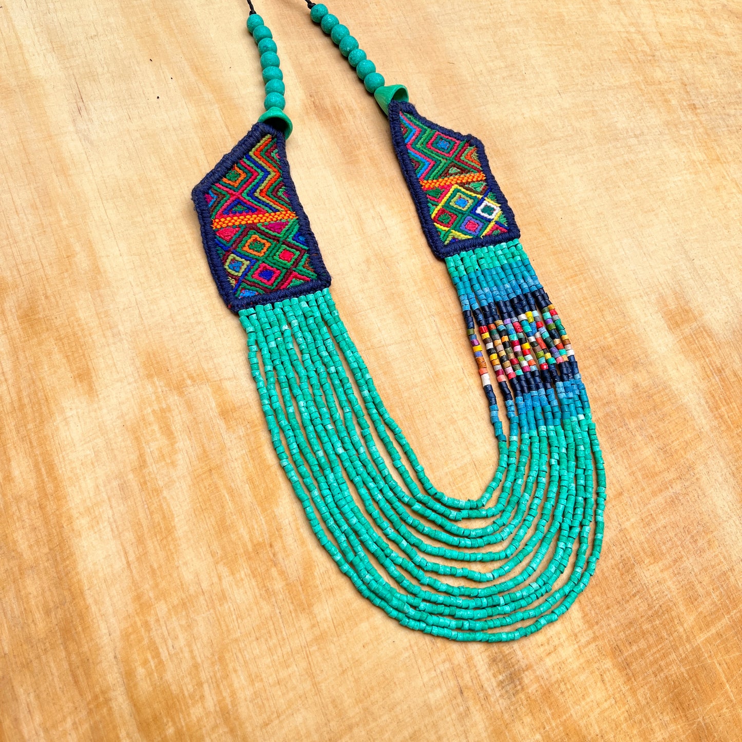 Necklaces with ceremonial textile and beaded chains - "Aguacatán Colores"