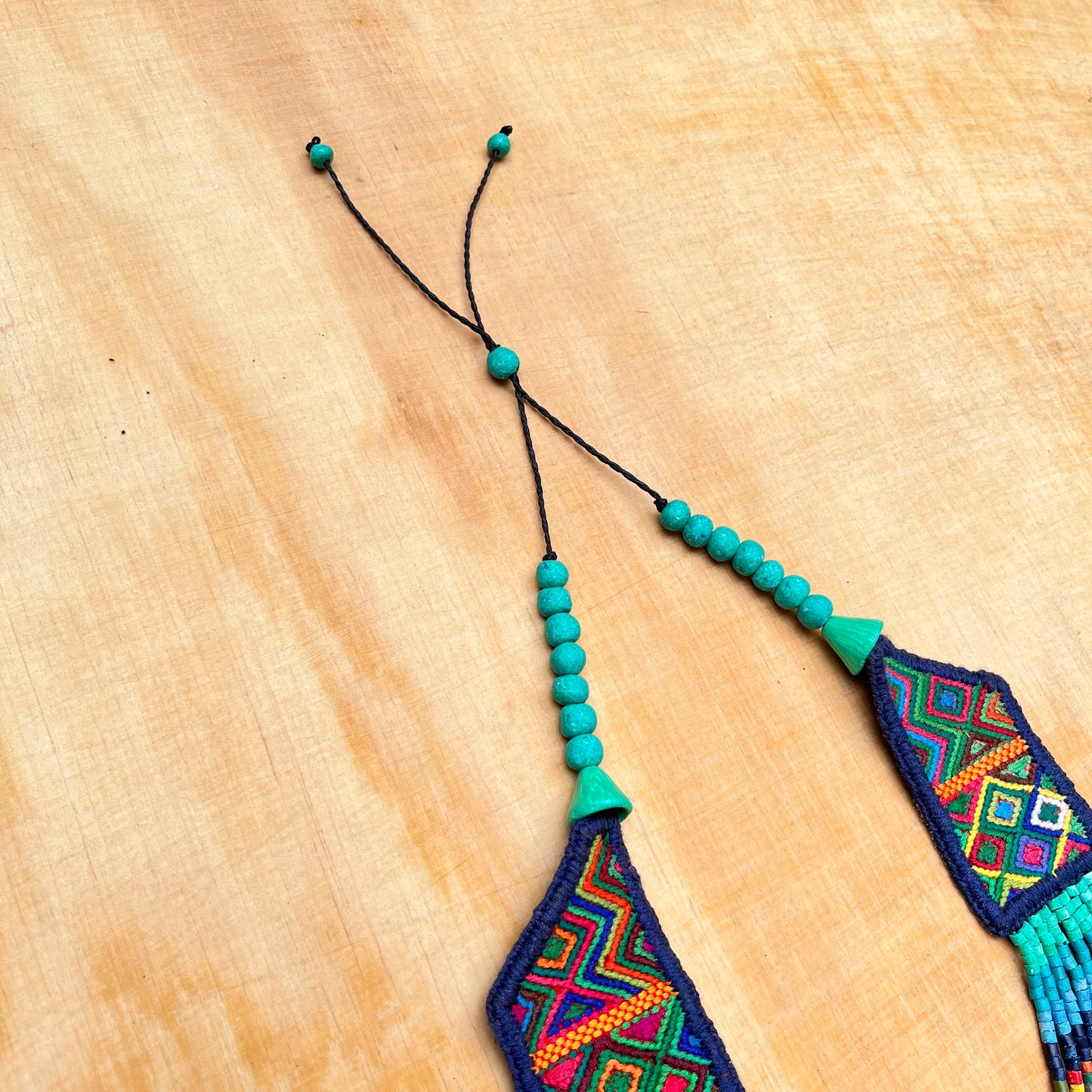 Necklaces with ceremonial textile and beaded chains - "Aguacatán Colores"