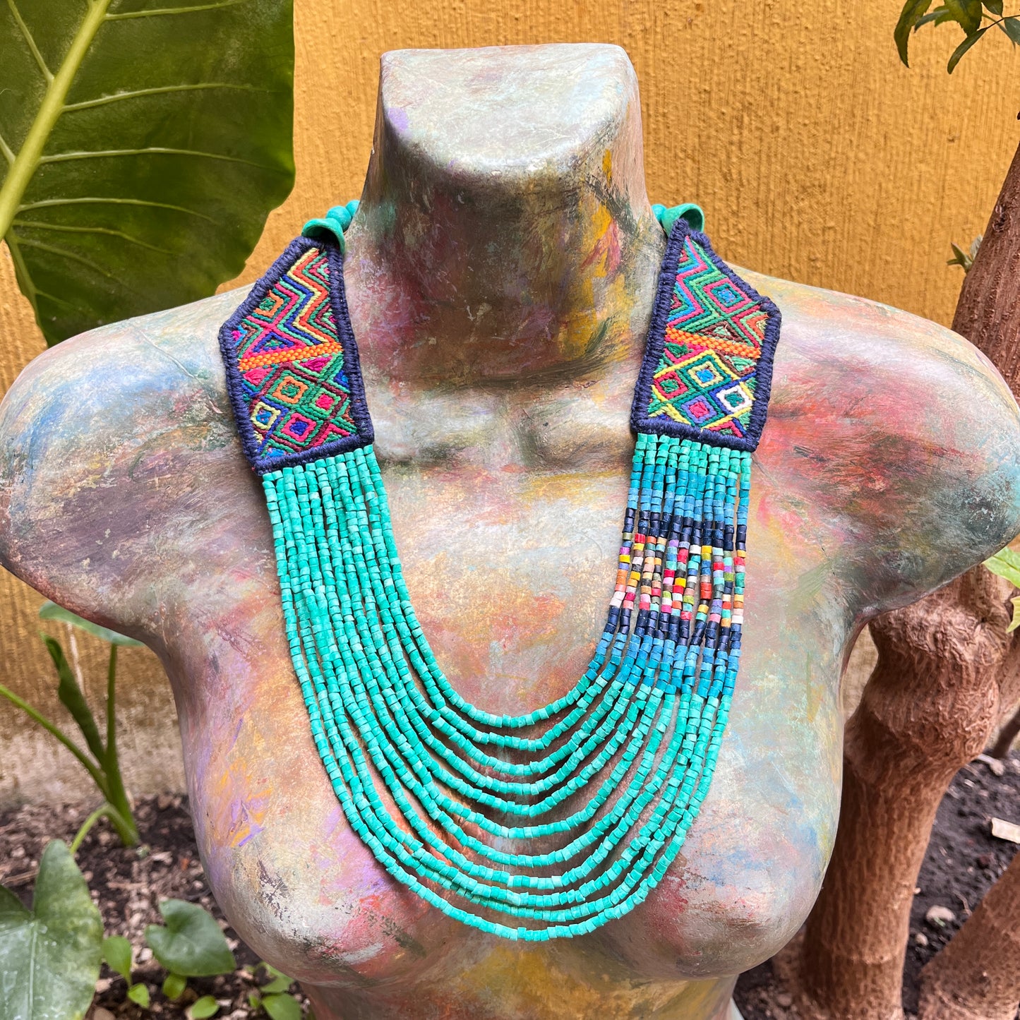 Necklaces with ceremonial textile and beaded chains - "Aguacatán Colores"