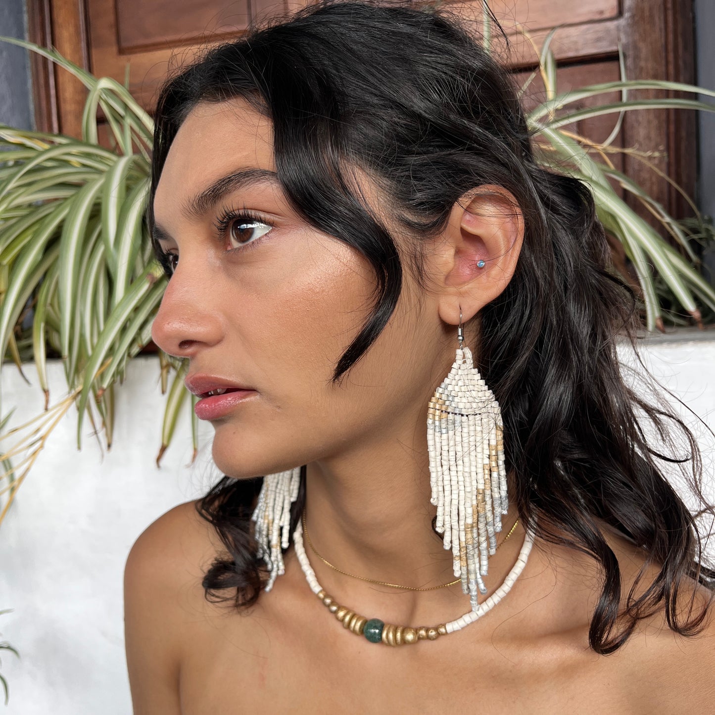 Ceramic-beaded, Shoulder-long Earrings - "Slim Tikal Palindrome"