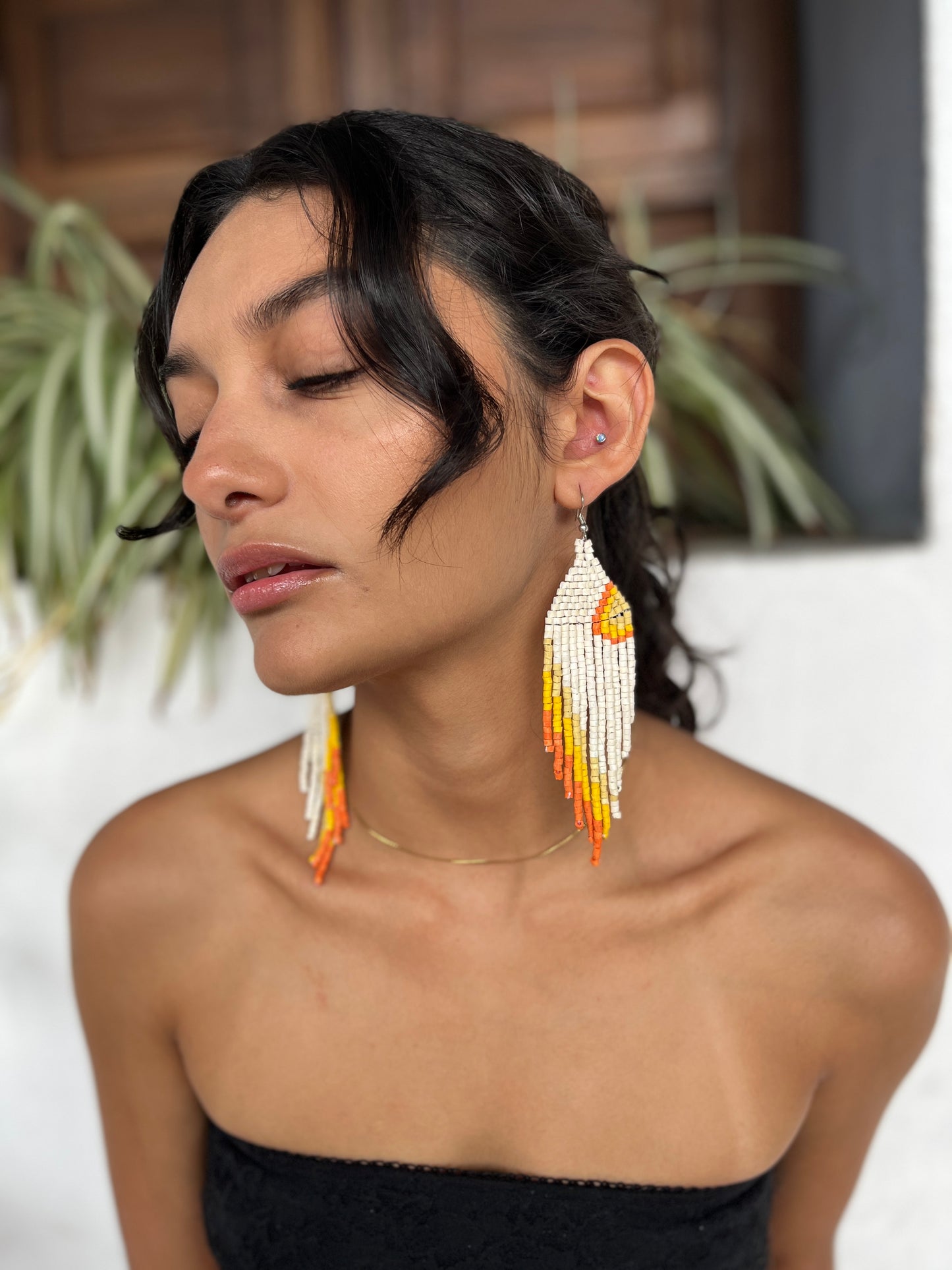 Ceramic-beaded, Shoulder-long Earrings - "Slim Tikal Palindrome"