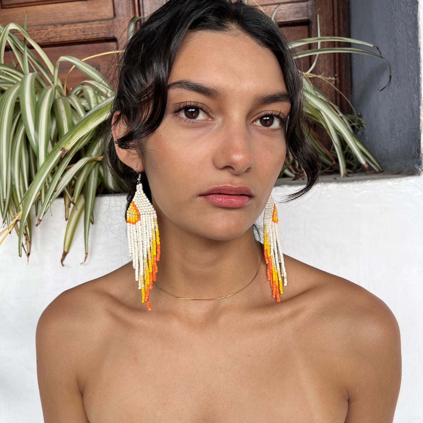 Ceramic-beaded, Shoulder-long Earrings - "Slim Tikal Palindrome"