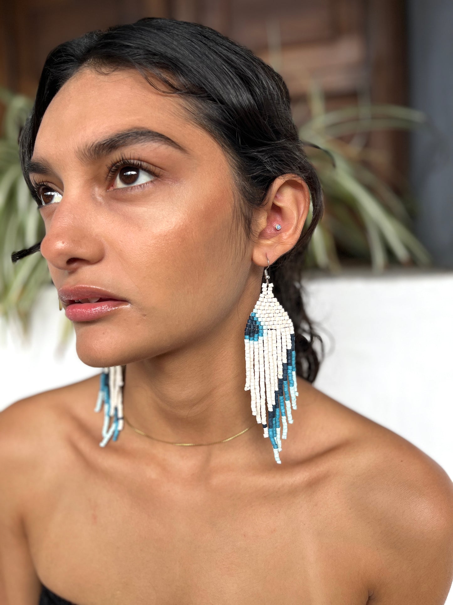 Ceramic-beaded, Shoulder-long Earrings - "Slim Tikal Palindrome"