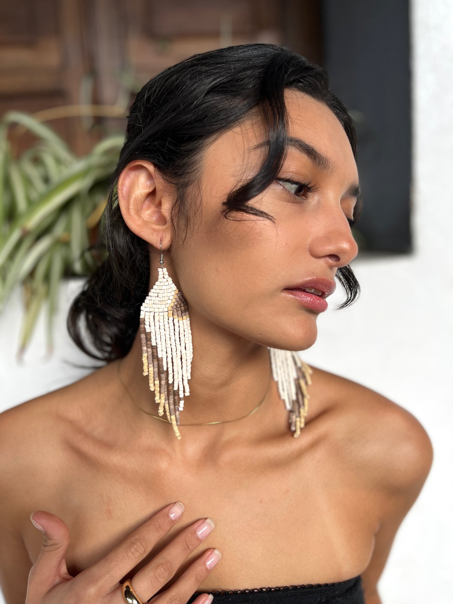 Ceramic-beaded, Shoulder-long Earrings - "Slim Tikal Palindrome"