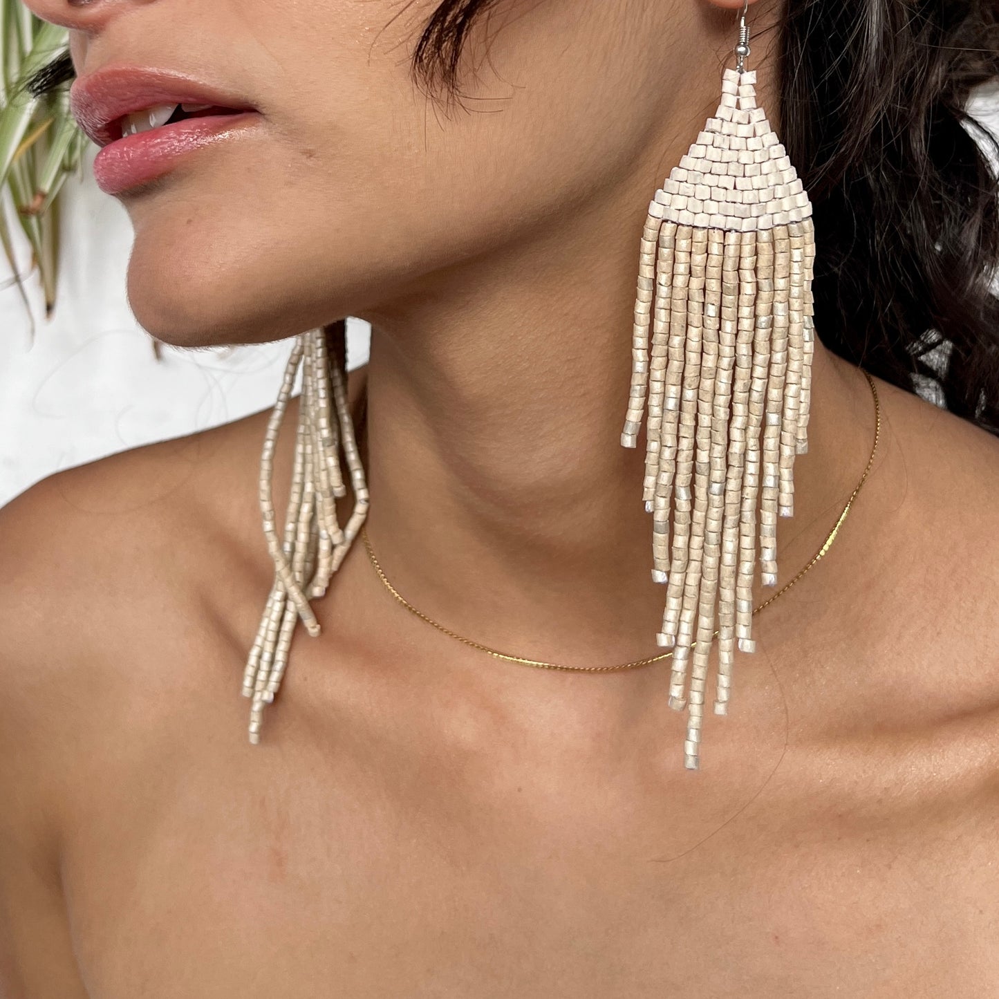 Ceramic-beaded, Dangling Earrings - "Slim Tikal Shimmer Duet"