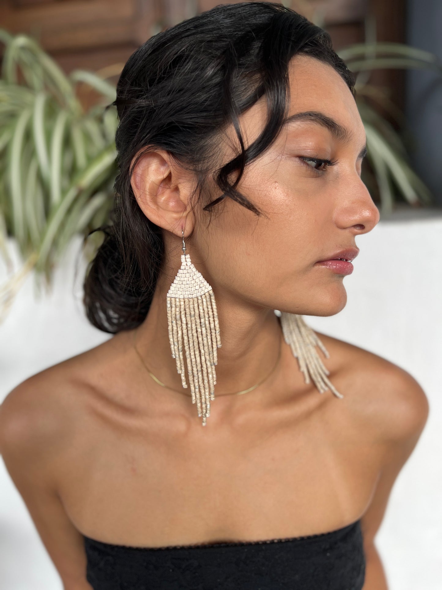 Ceramic-beaded, Dangling Earrings - "Slim Tikal Shimmer Duet"