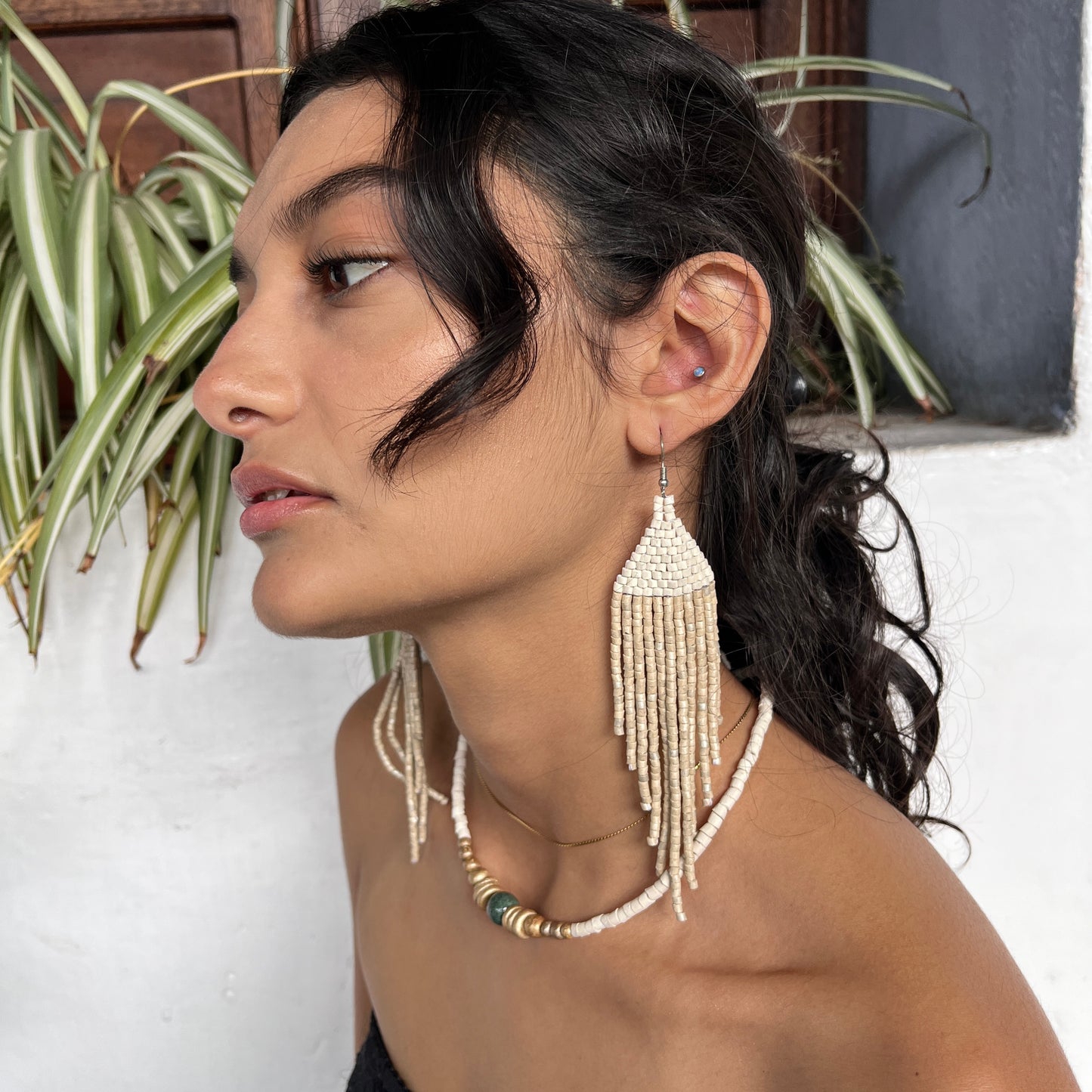 Ceramic-beaded, Dangling Earrings - "Slim Tikal Shimmer Duet"