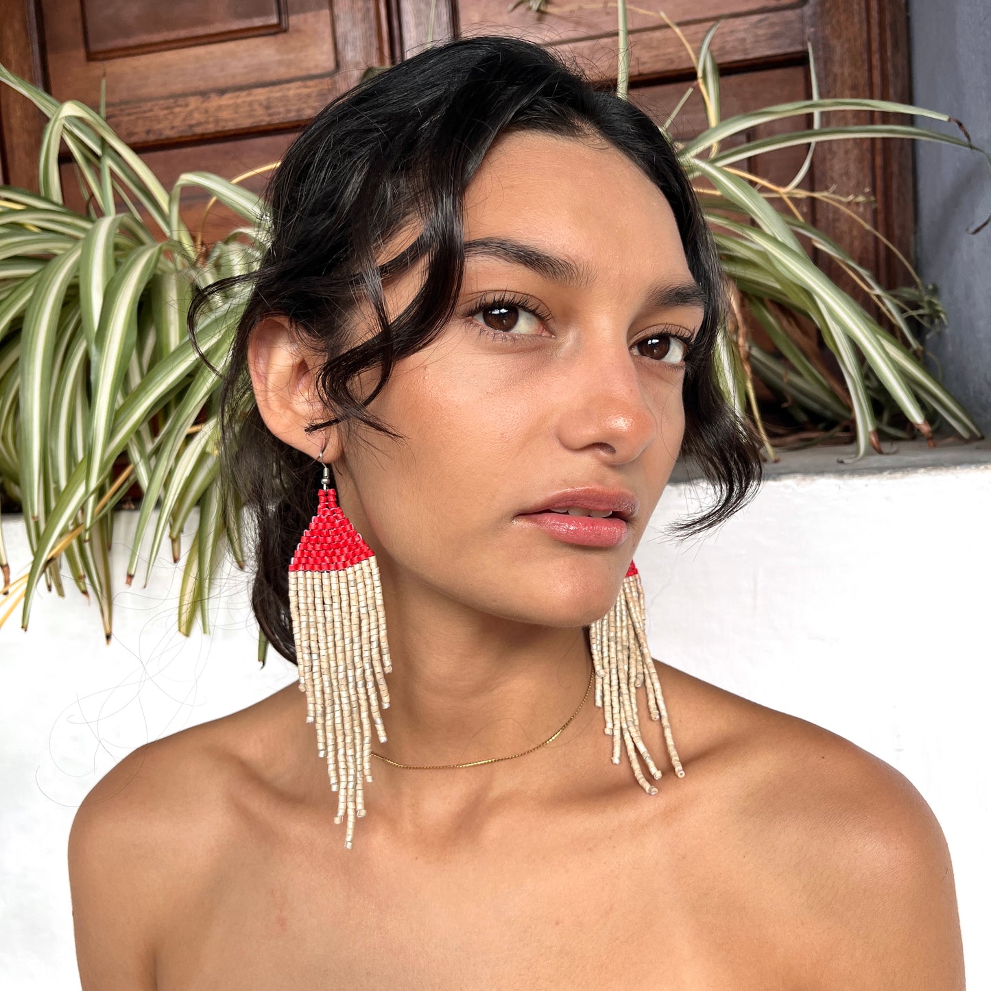 Ceramic-beaded, Dangling Earrings - "Slim Tikal Shimmer Duet"