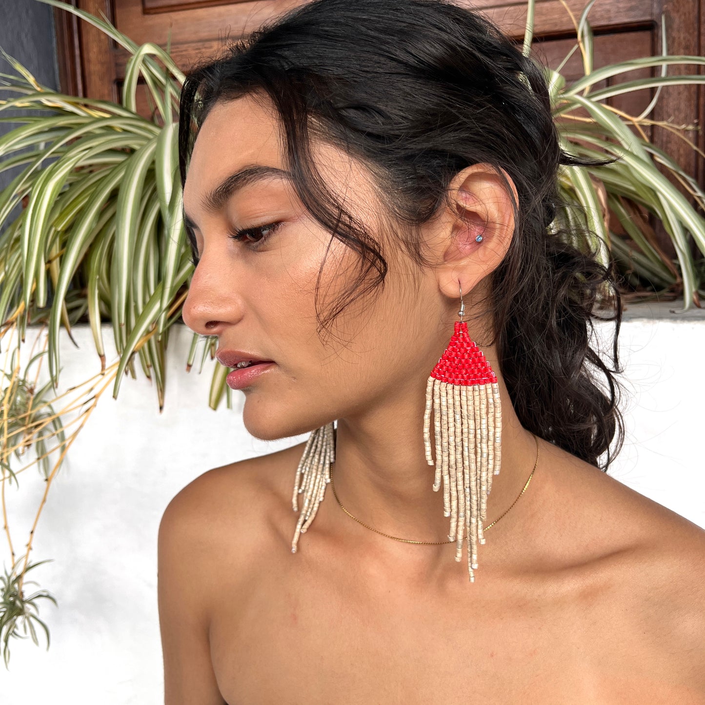 Ceramic-beaded, Dangling Earrings - "Slim Tikal Shimmer Duet"