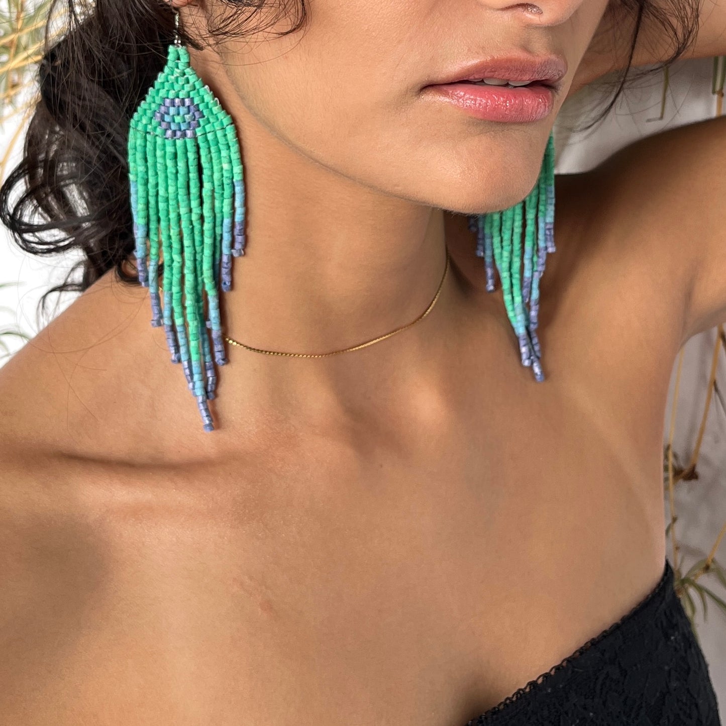 Ceramic-beaded, Fringe Earrings - Slim Tikal Spot