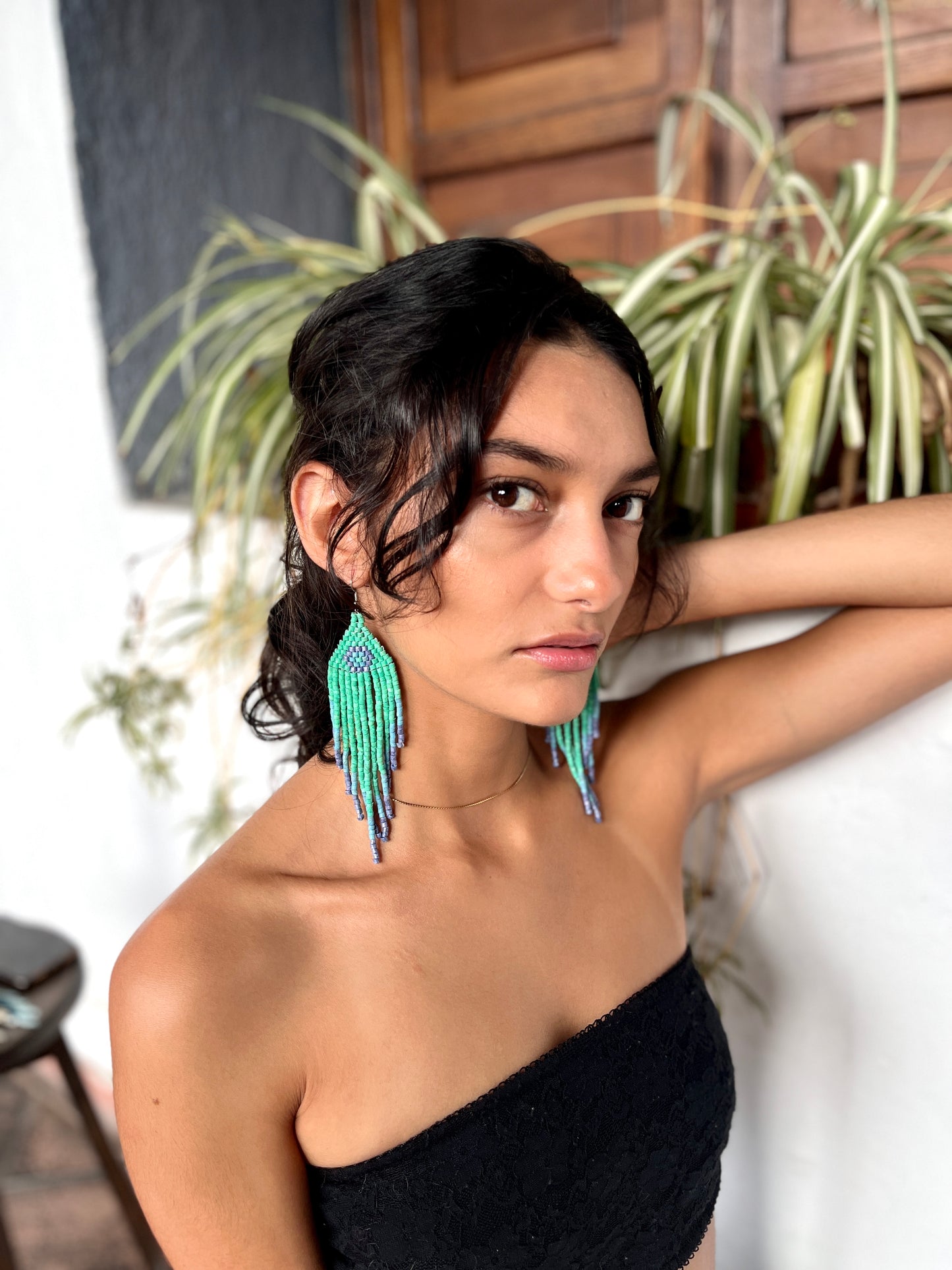 Ceramic-beaded, Fringe Earrings - Slim Tikal Spot