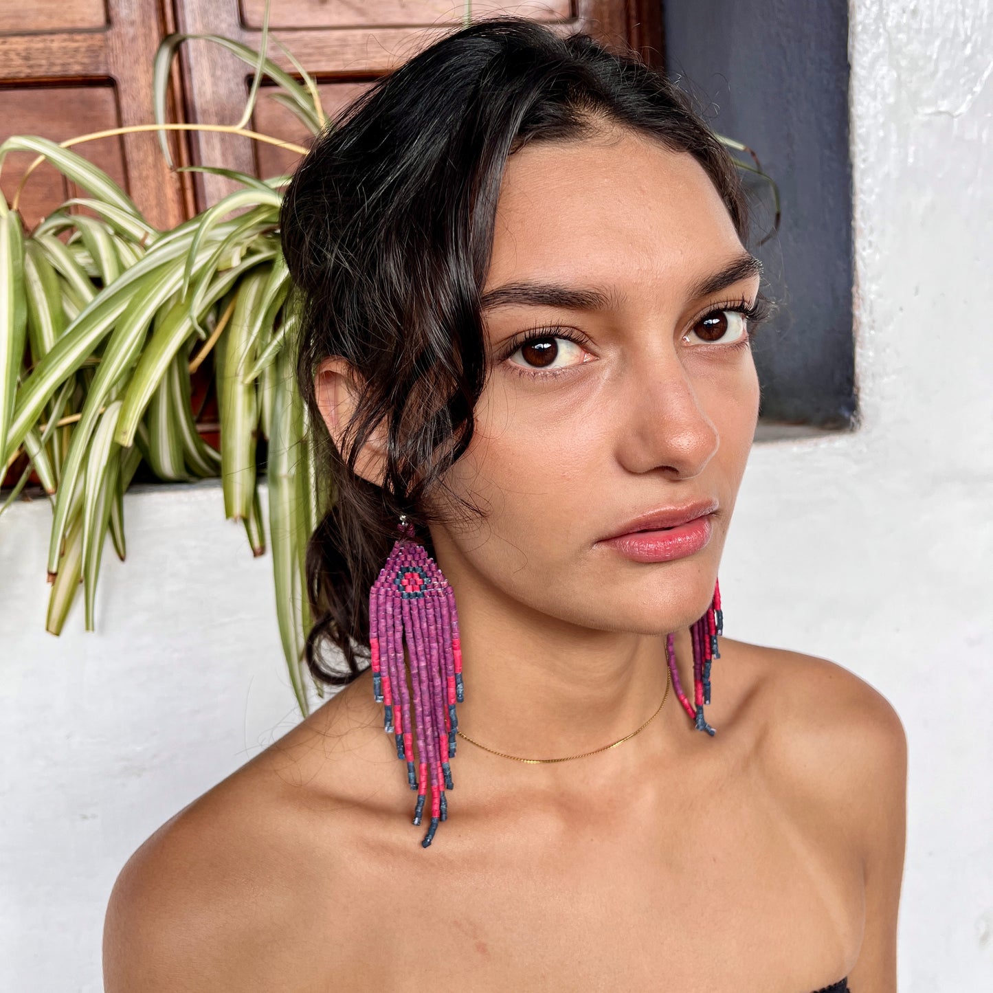 Ceramic-beaded, Fringe Earrings - Slim Tikal Spot