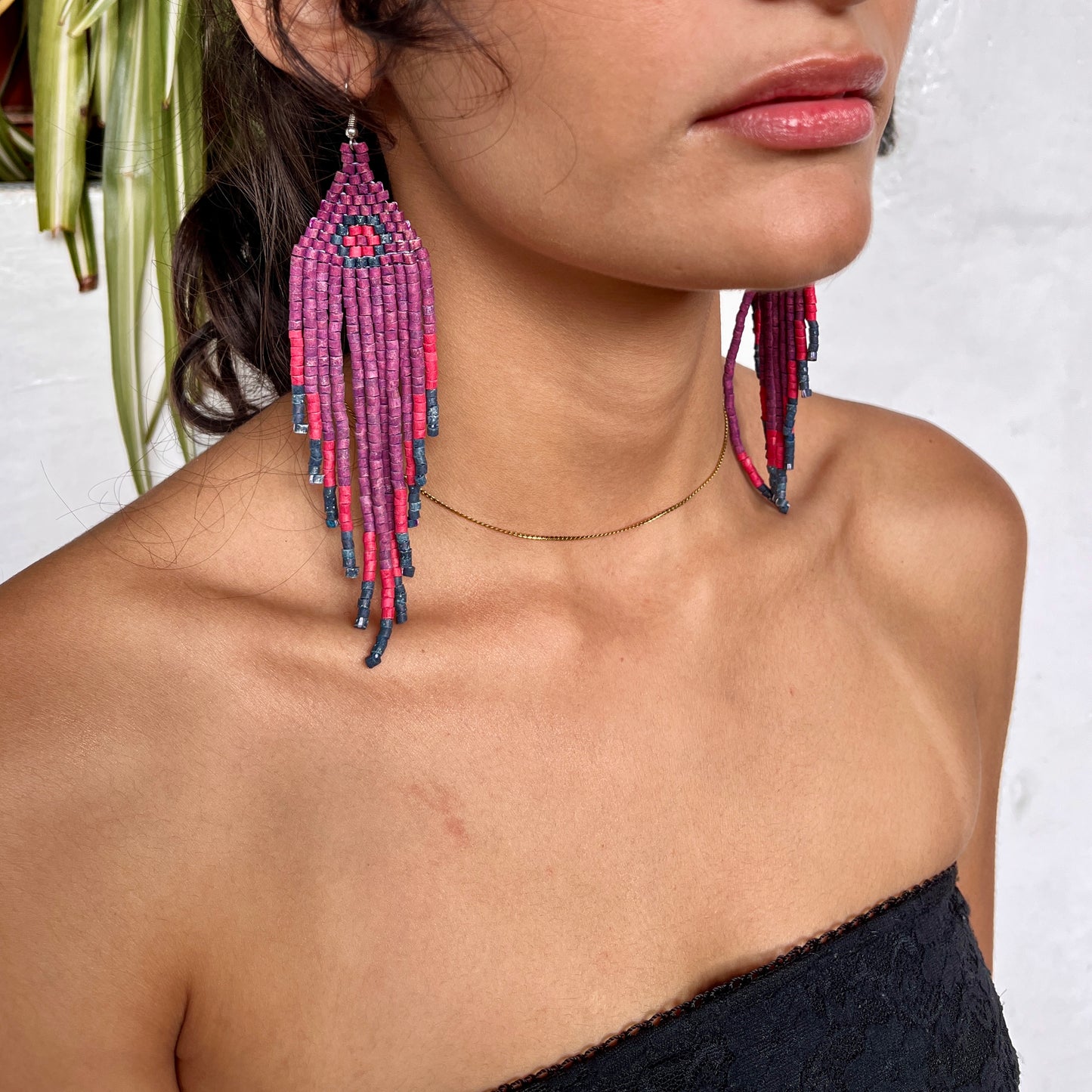 Ceramic-beaded, Fringe Earrings - Slim Tikal Spot