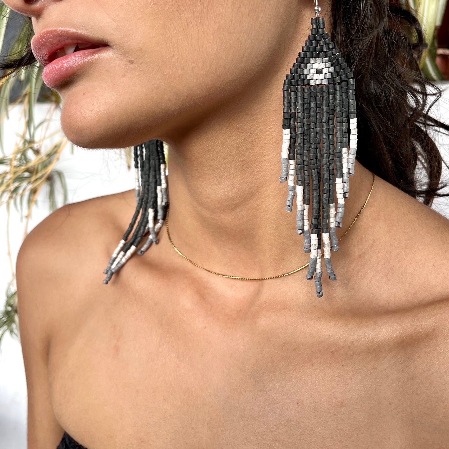 Ceramic-beaded, Fringe Earrings - Slim Tikal Spot