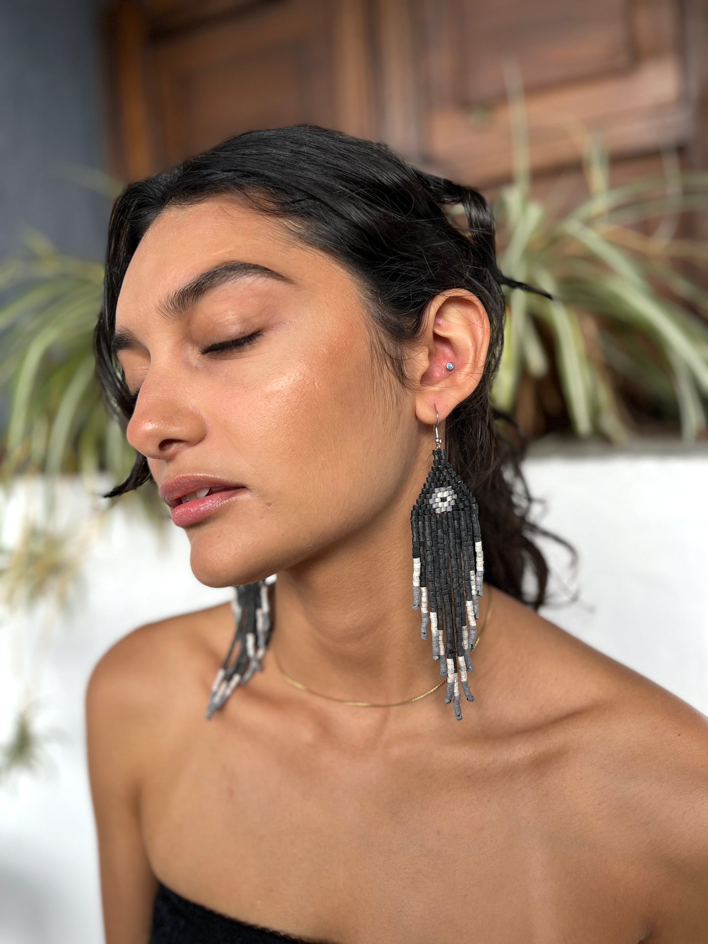 Ceramic-beaded, Fringe Earrings - Slim Tikal Spot