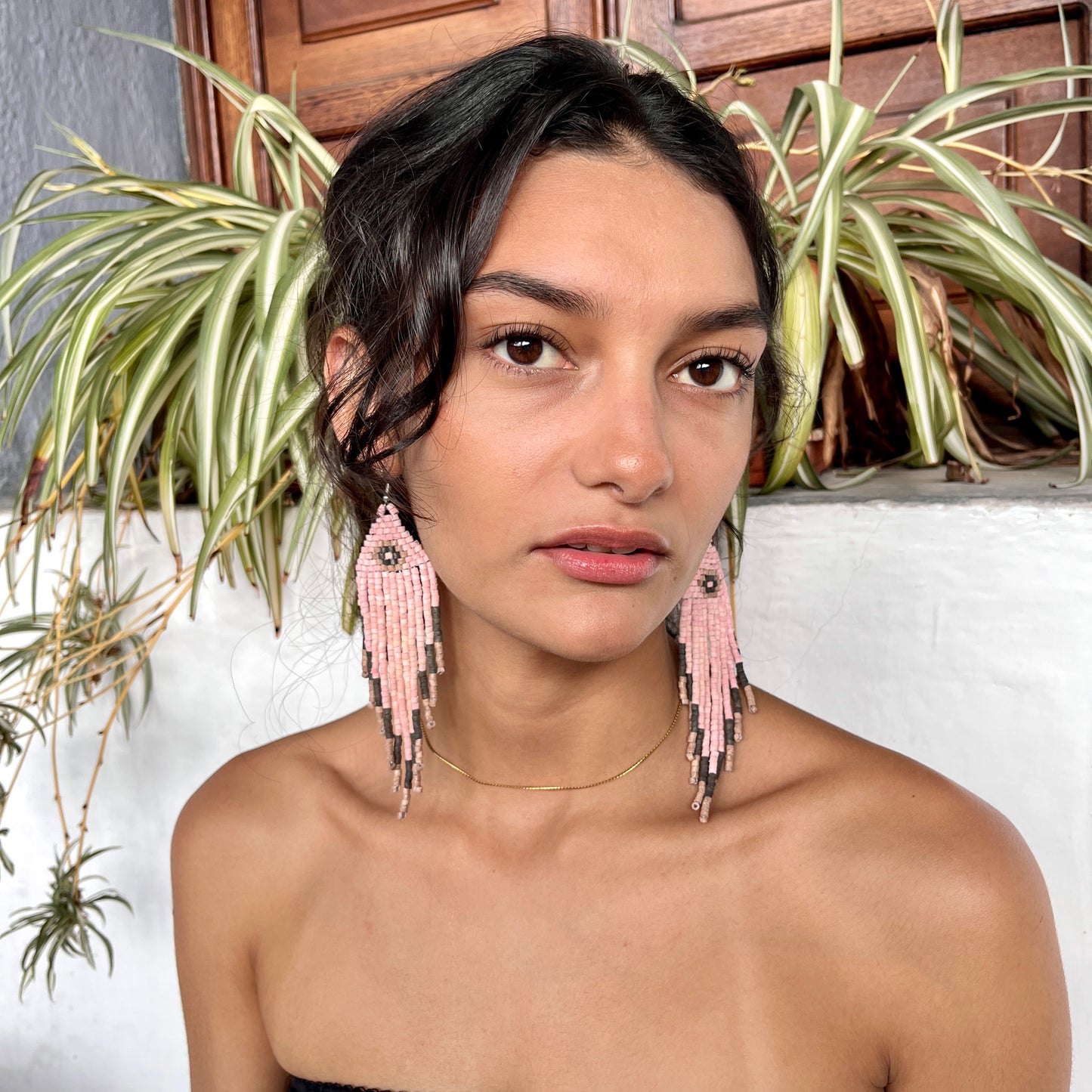 Ceramic-beaded, Fringe Earrings - Slim Tikal Spot