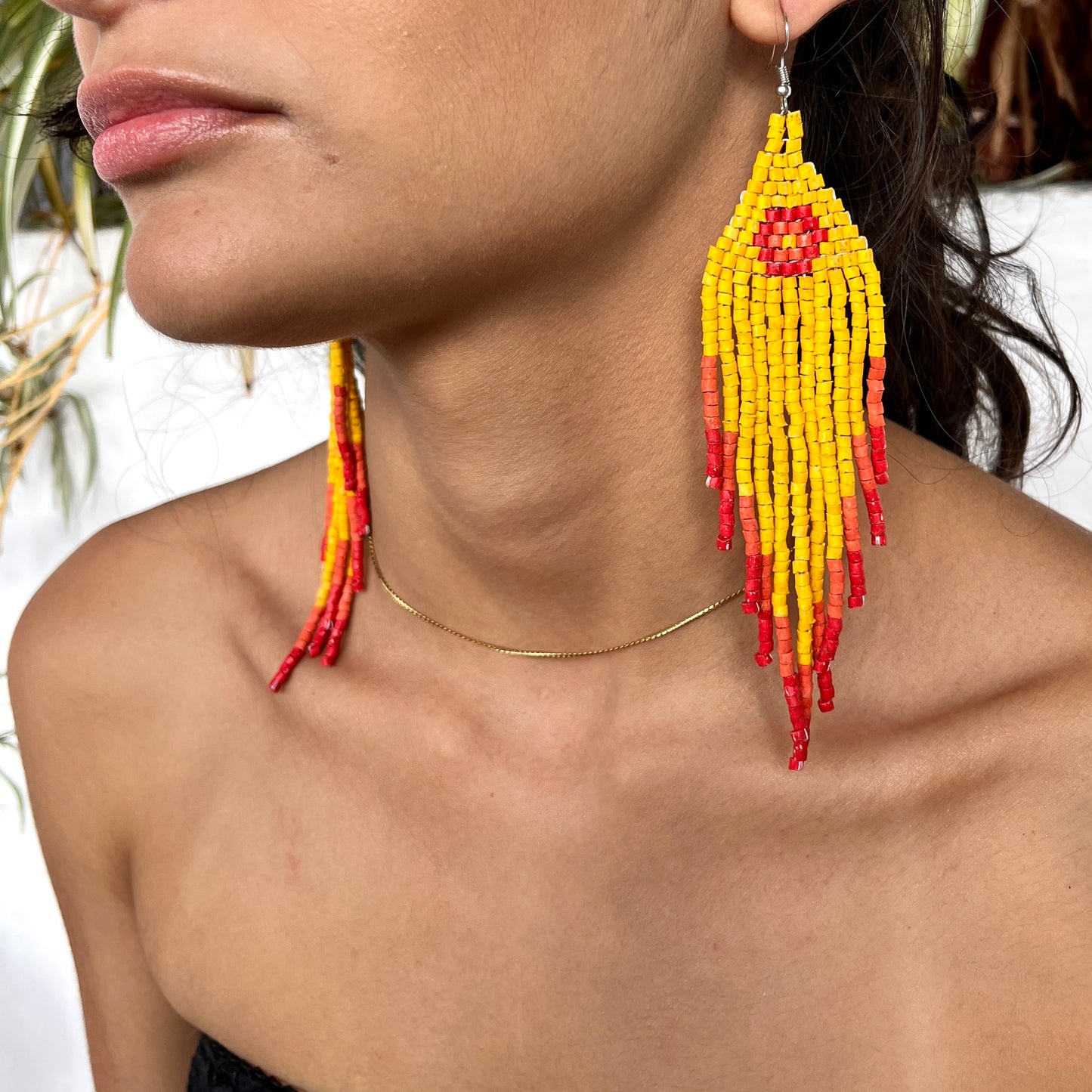 Ceramic-beaded, Fringe Earrings - Slim Tikal Spot