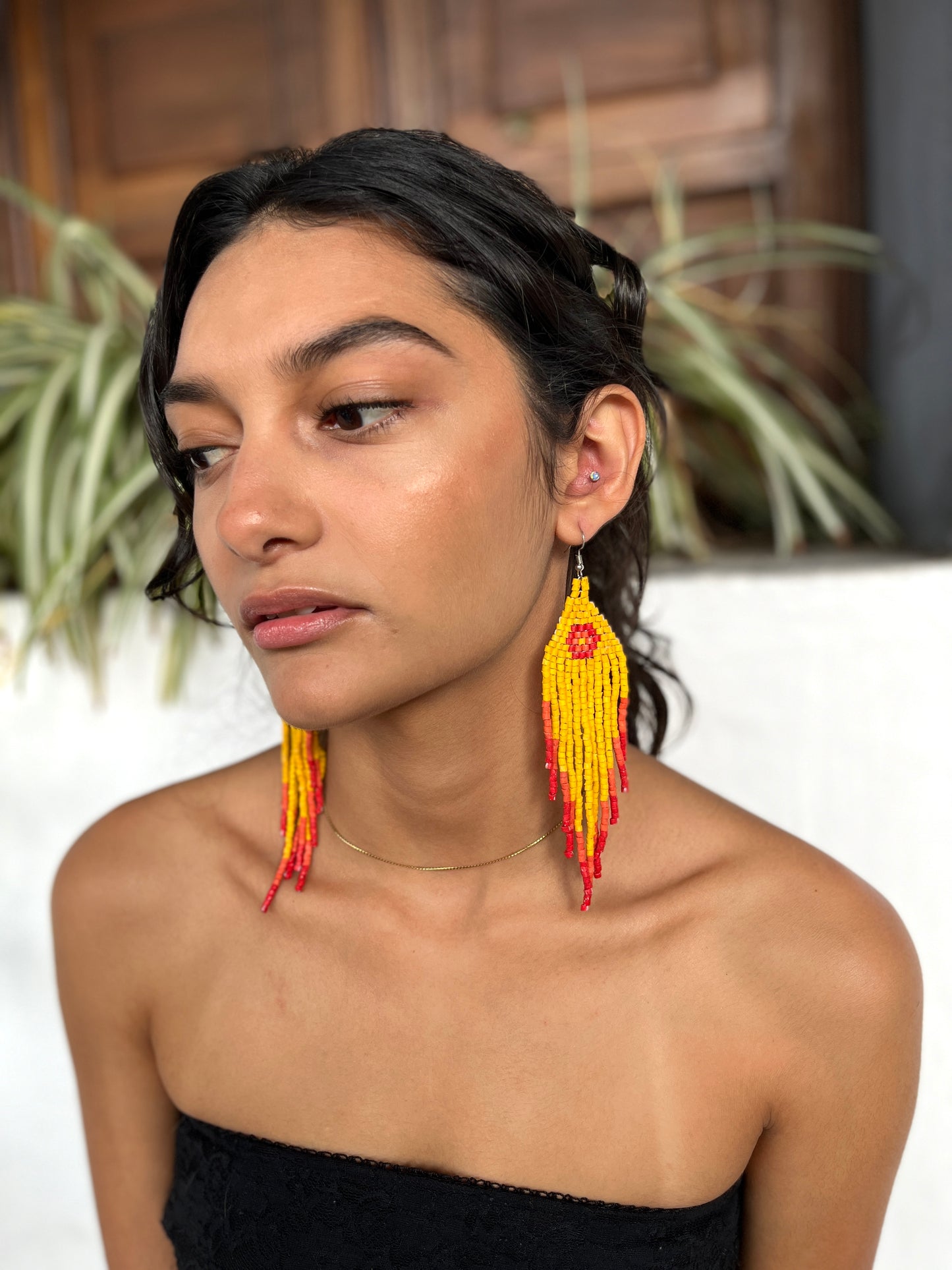 Ceramic-beaded, Fringe Earrings - Slim Tikal Spot