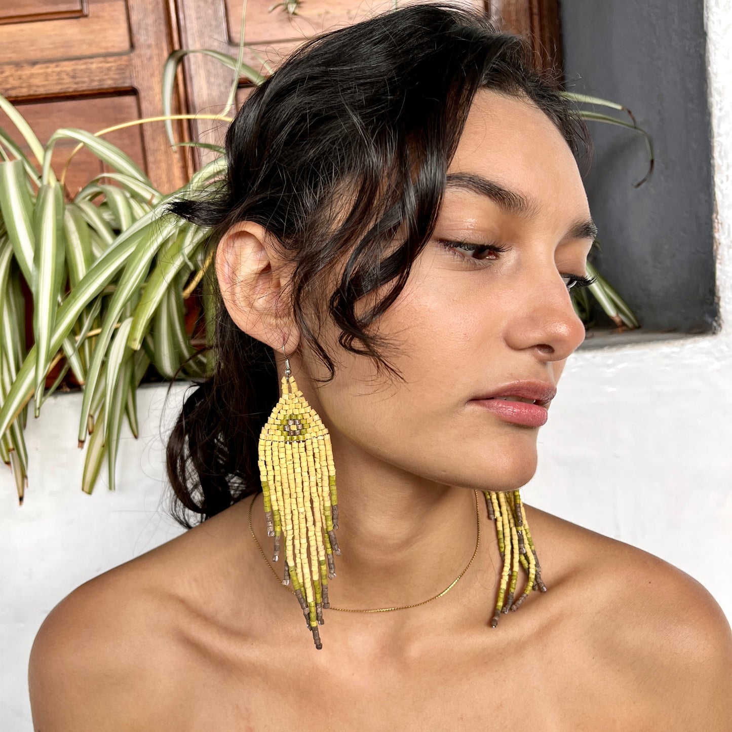 Ceramic-beaded, Fringe Earrings - Slim Tikal Spot