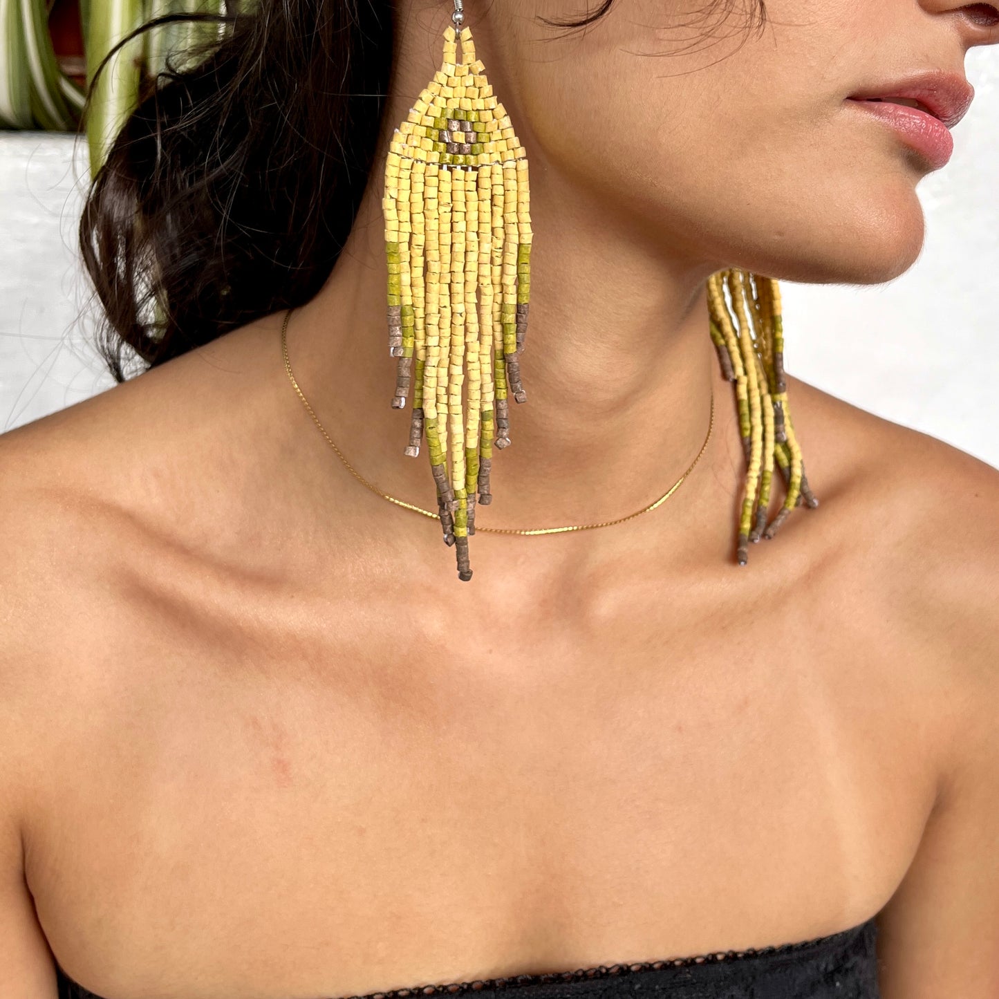 Ceramic-beaded, Fringe Earrings - Slim Tikal Spot